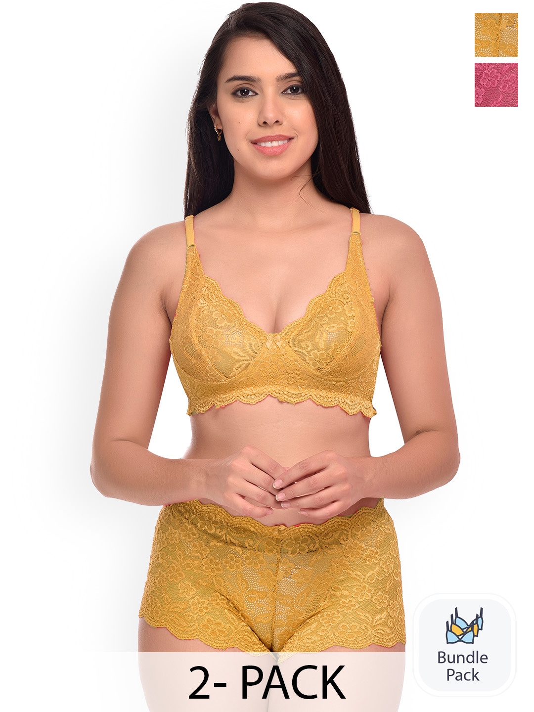 

Aamarsh Pack Of 2 Laced Lingerie Set, Yellow