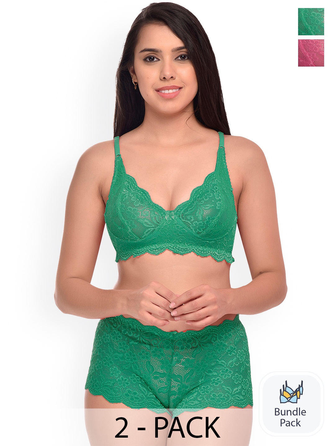 

Aamarsh Pack of 2 Self Designed Laced Lingerie Set, Pink