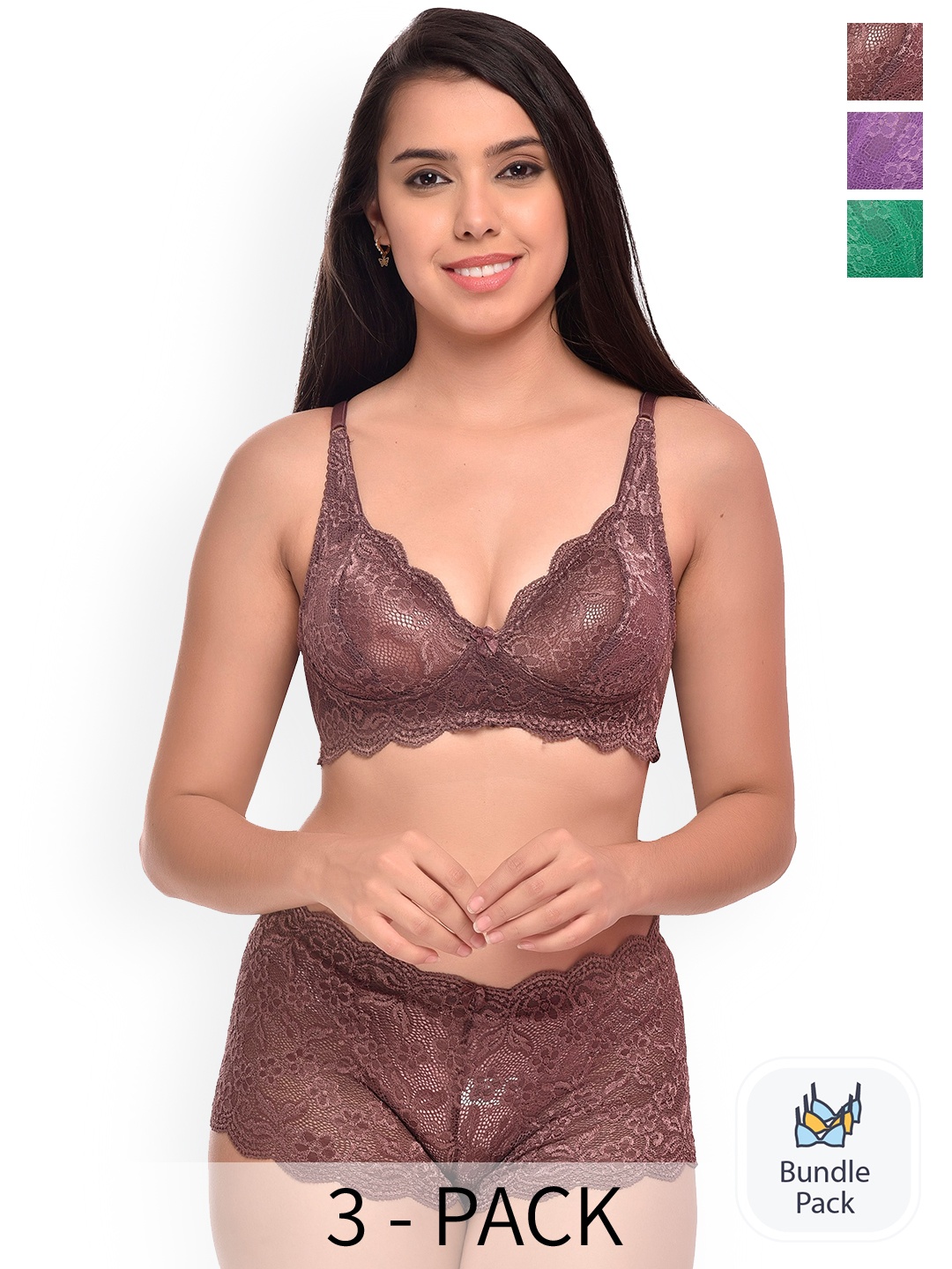 

Aamarsh Pack of 3 Self Designed Laced Lingerie Set, Brown