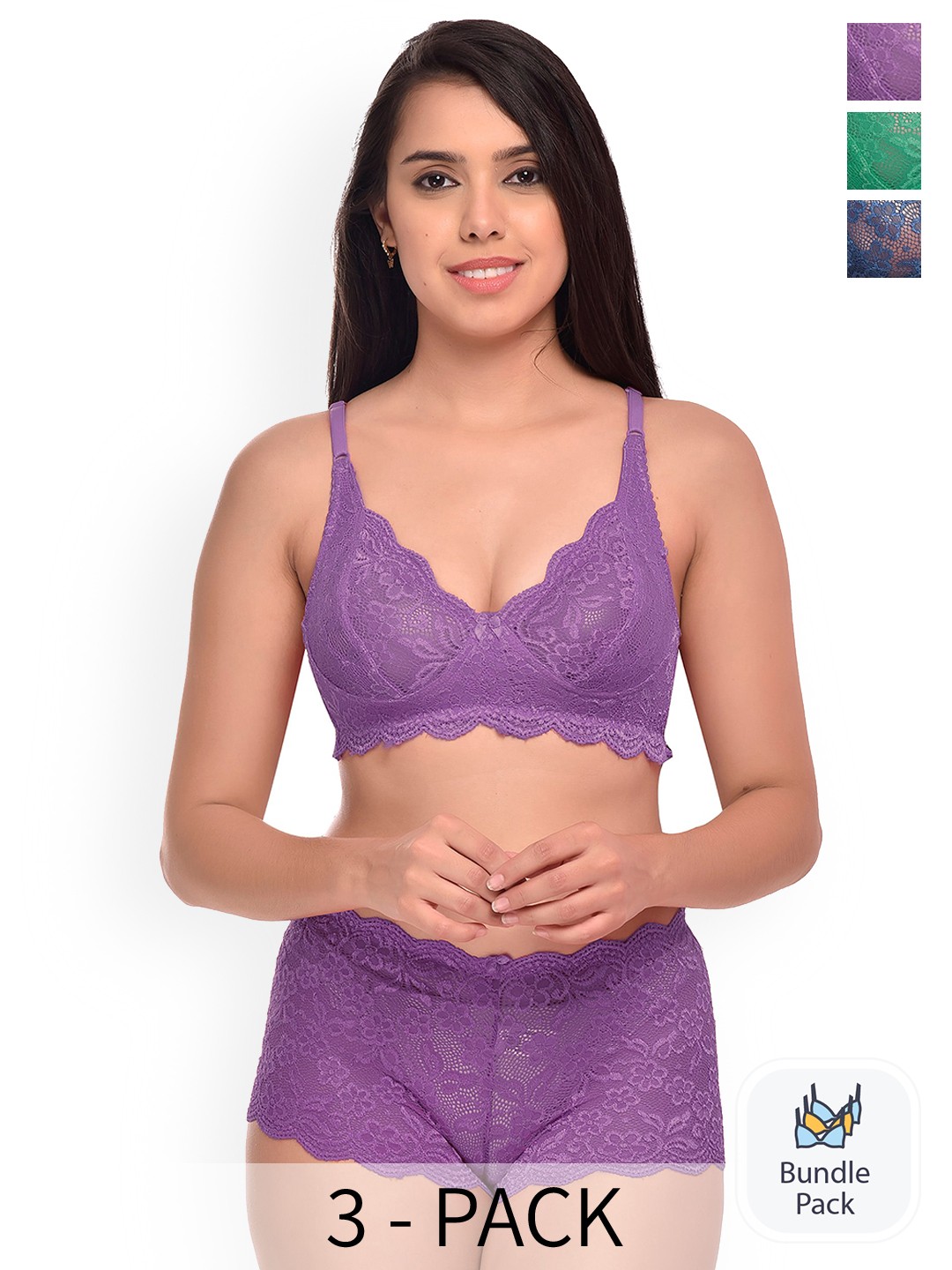 

Aamarsh Pack Of 3 Self-Design Lingerie Set, Green