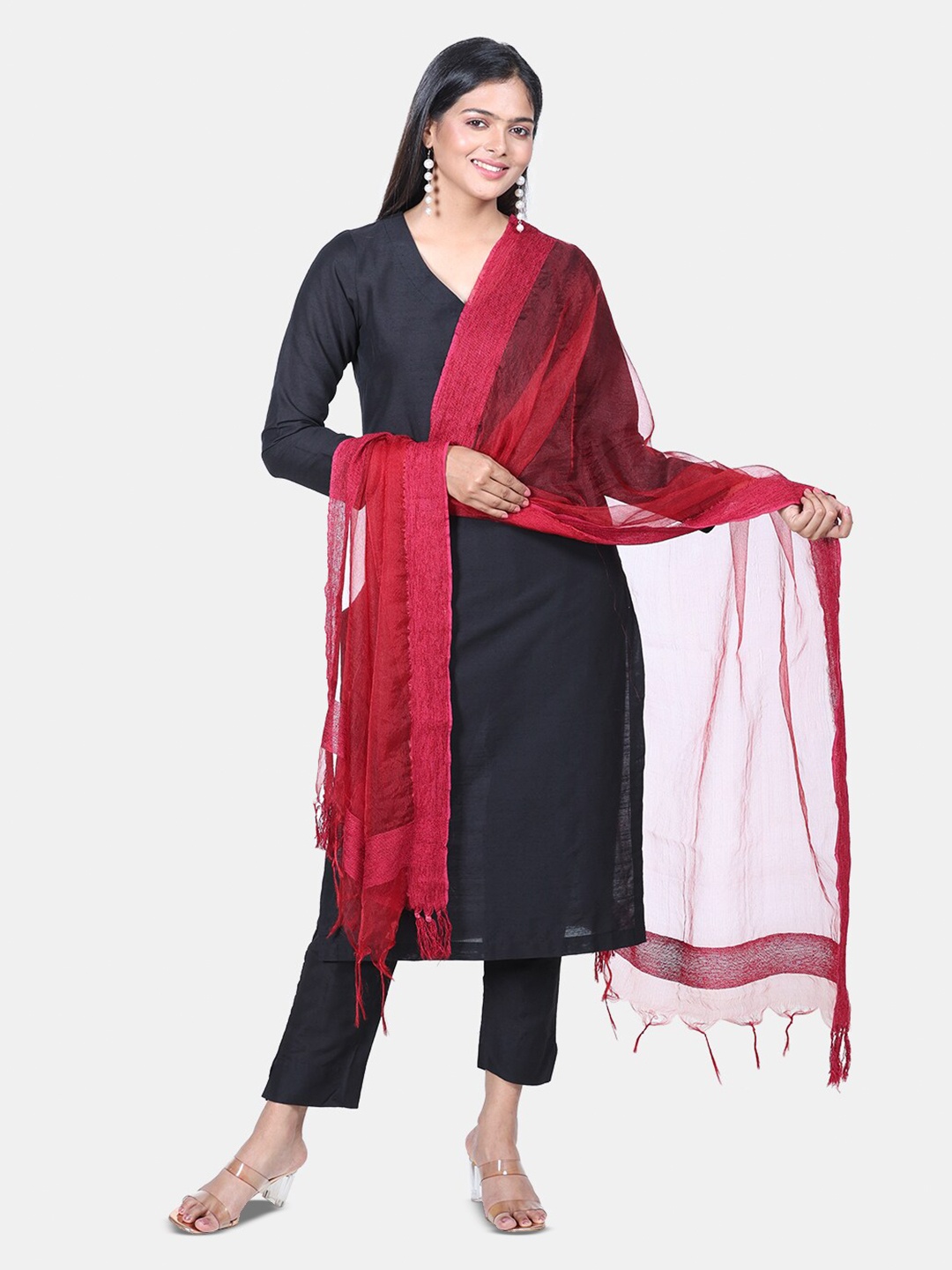 

HELLA FASHIONS Tassels Border Silk Dupatta, Maroon