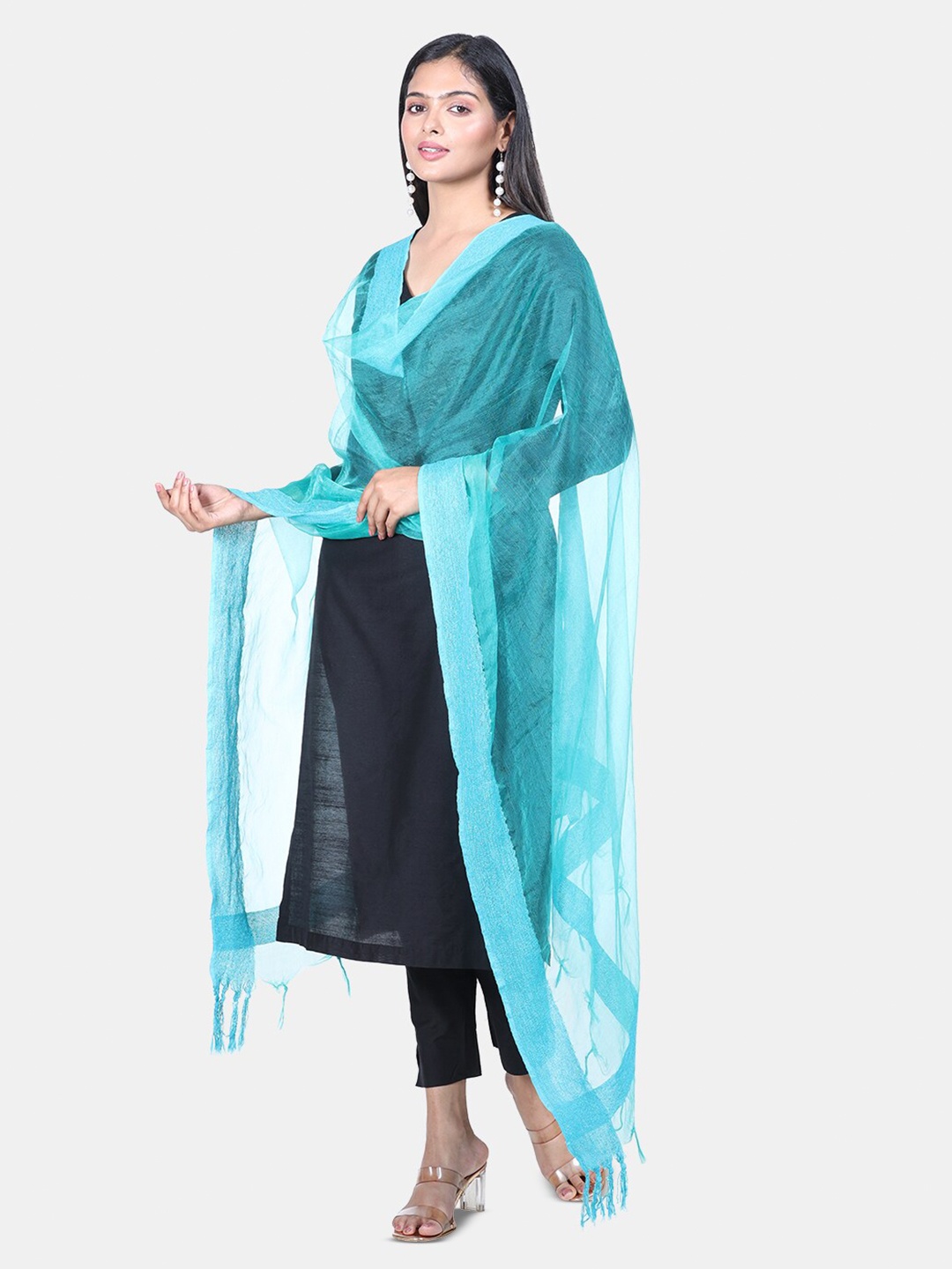 

HELLA FASHIONS Tassels Border Silk Dupatta, Turquoise blue