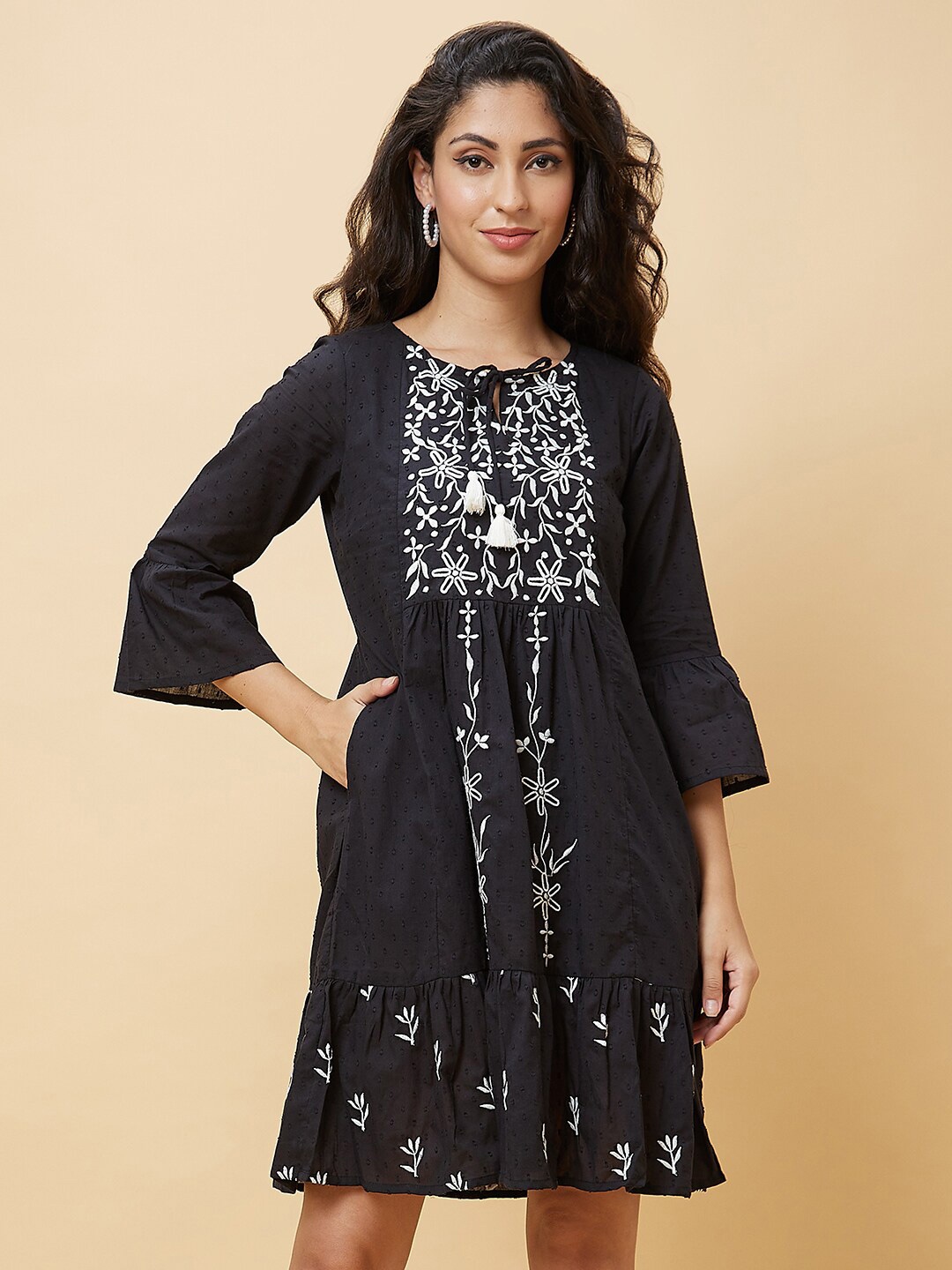 

Globus Floral Embroidered Tie-Up Neck Bell Sleeves Pure Cotton A-Line Ethnic Dress, Black