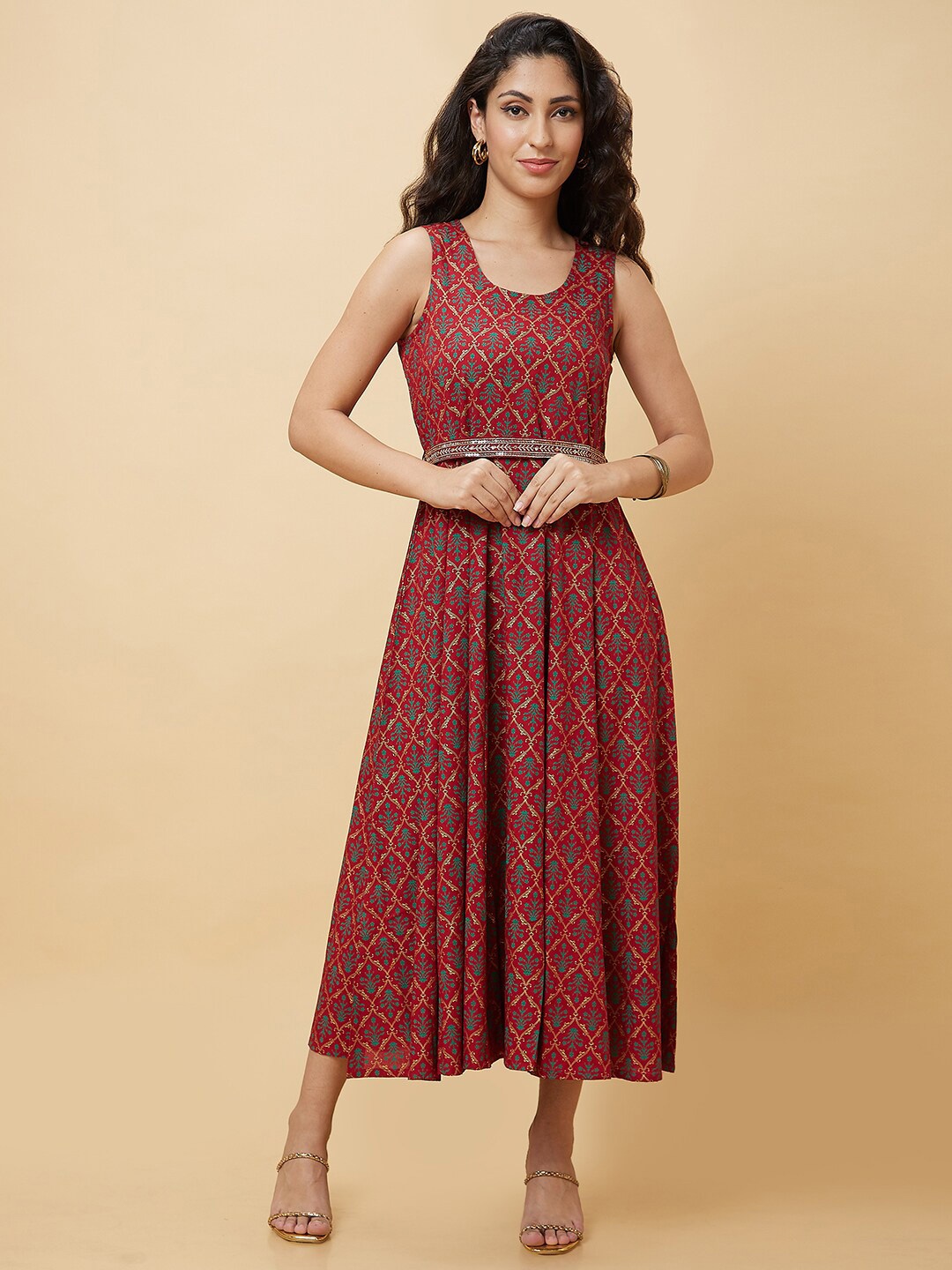 

Globus Floral Printed A-Line Ethnic Dress, Maroon