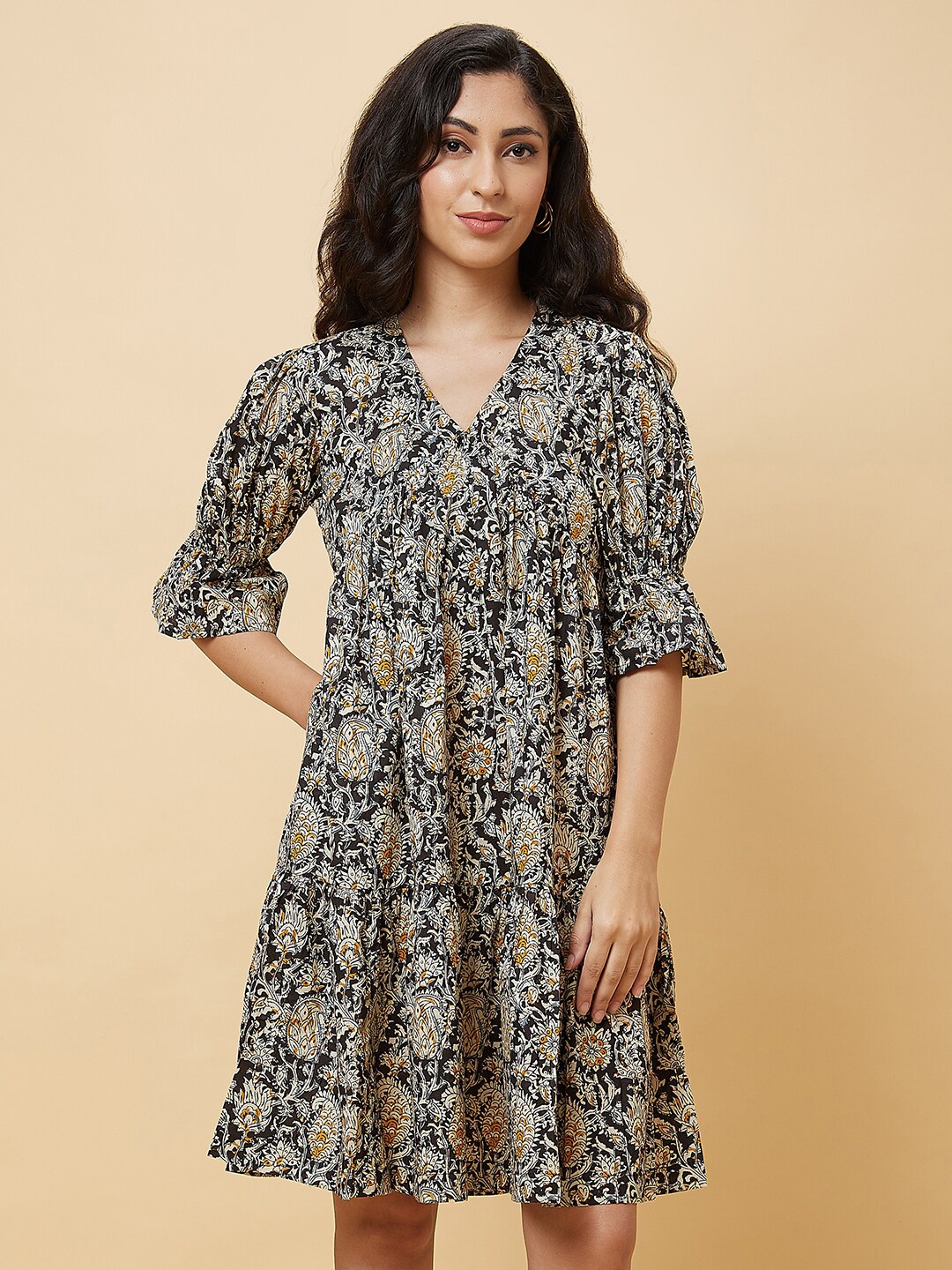 

Globus Ethnic Motifs Printed V-Neck Bell Sleeve Gathered Pure Cotton A-Line Midi Dress, Black