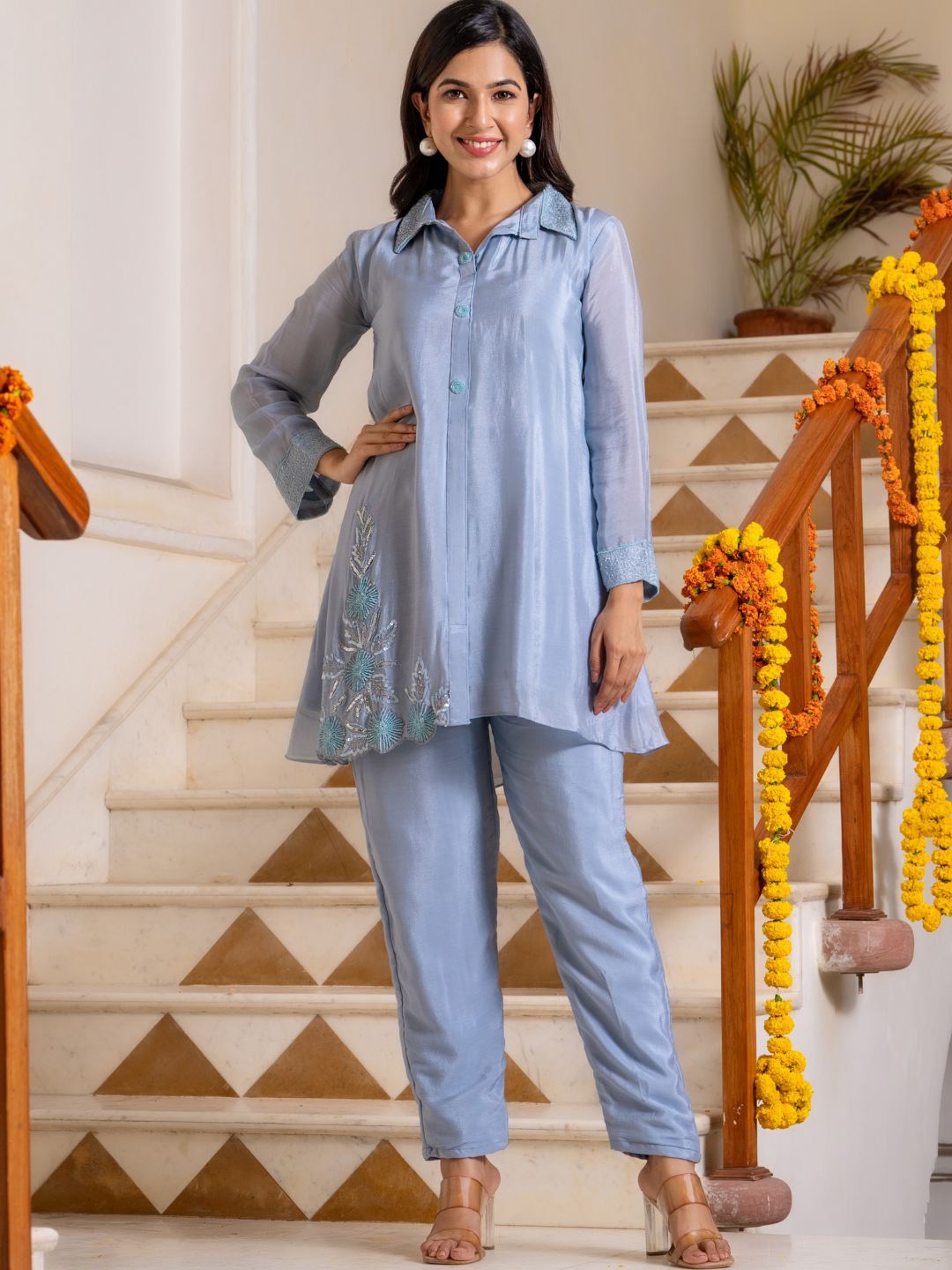 

HOUSE OF JAMOTI Floral Embroidered Shirt With Trouser Co-Ords, Blue