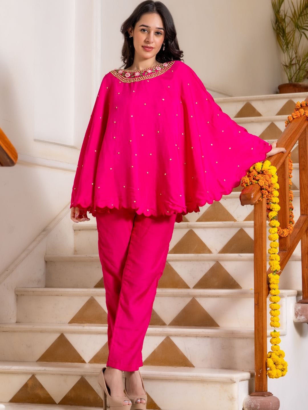 

HOUSE OF JAMOTI Embroidered Kaftan Top & Trousers, Pink