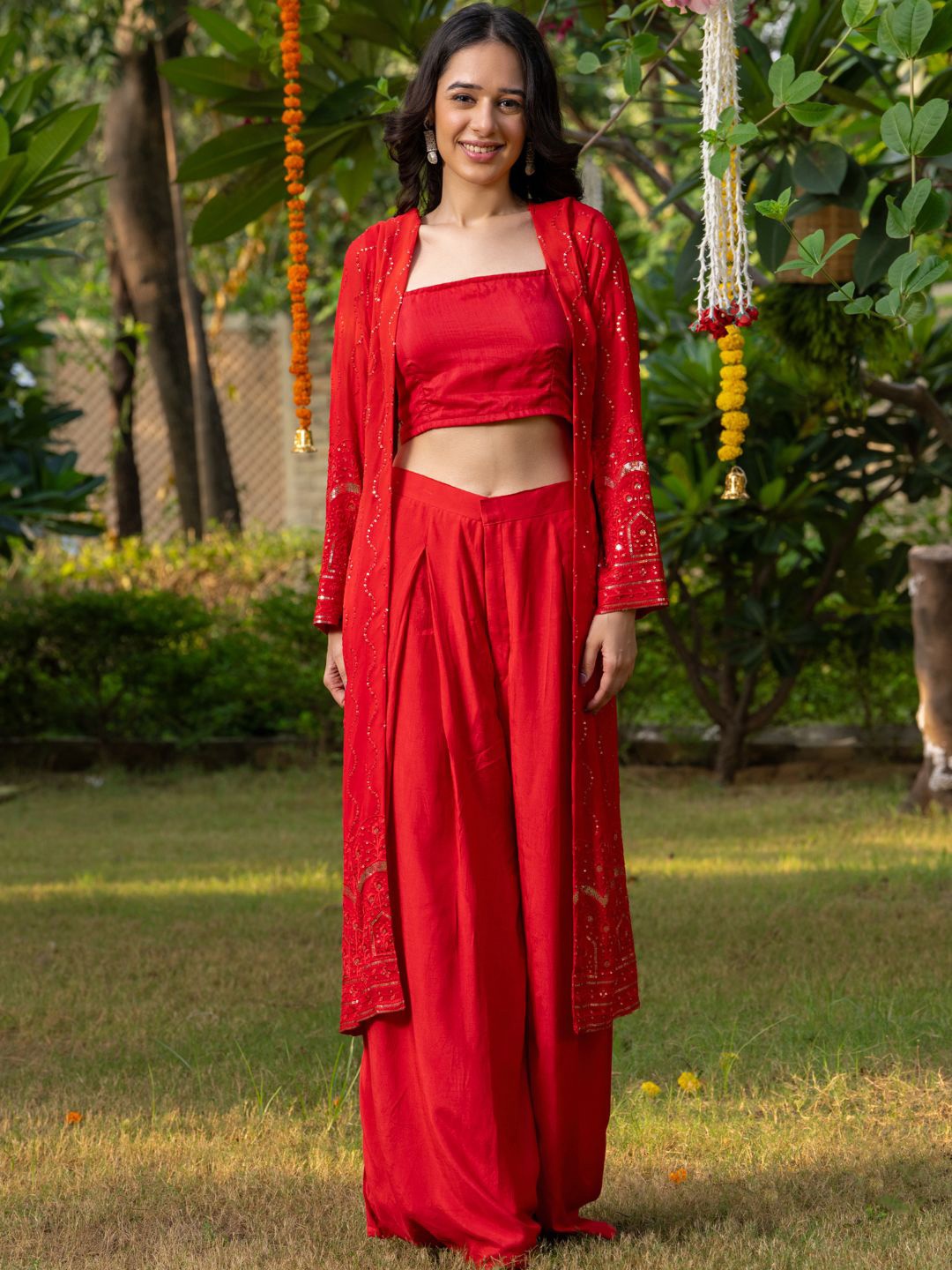 

HOUSE OF JAMOTI Embellished Crop Top & Palazzos with Shrug, Red