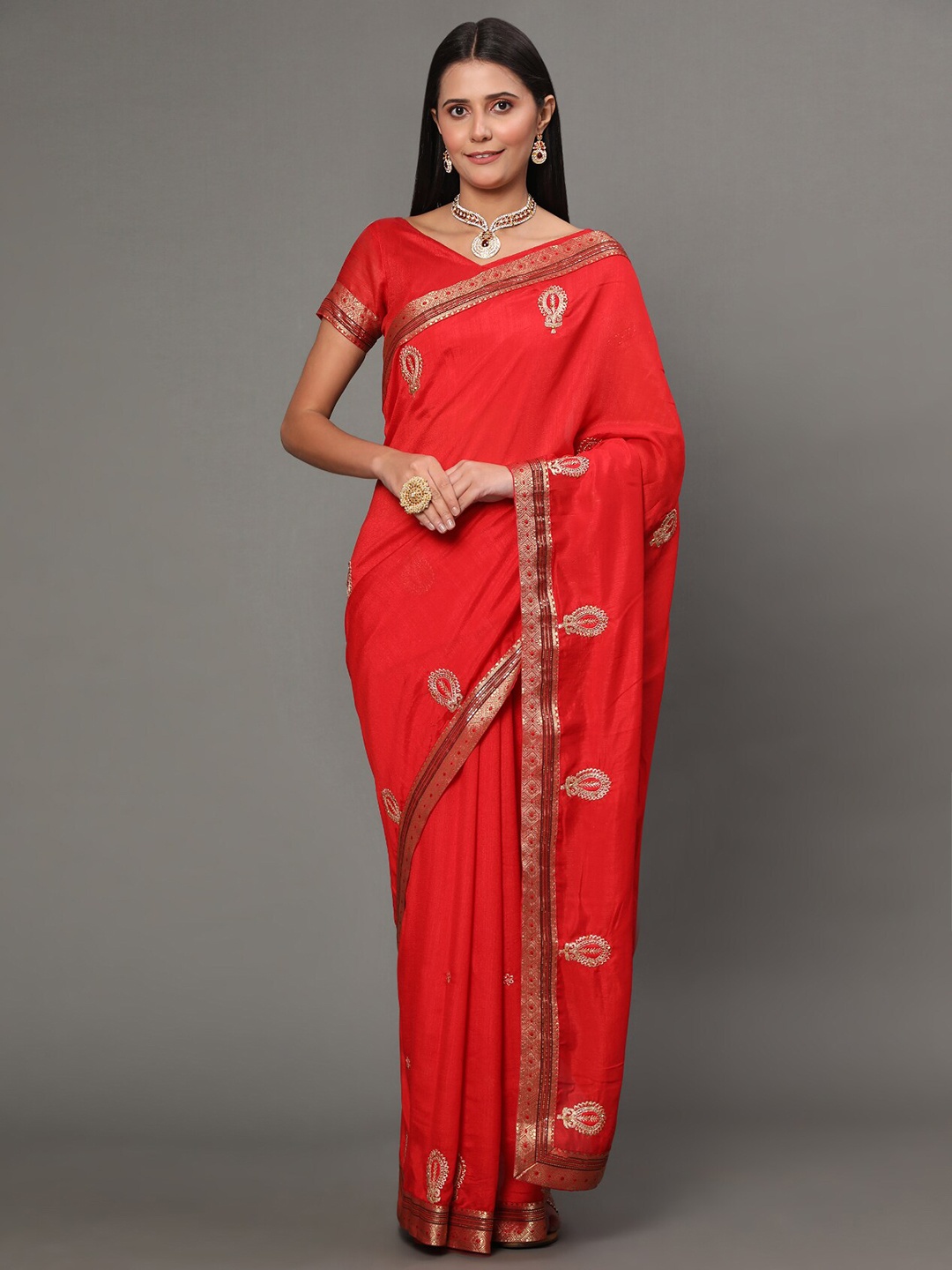 

GoStyle Ethnic Motifs Embroidered Pure Georgette Kota Saree, Coral