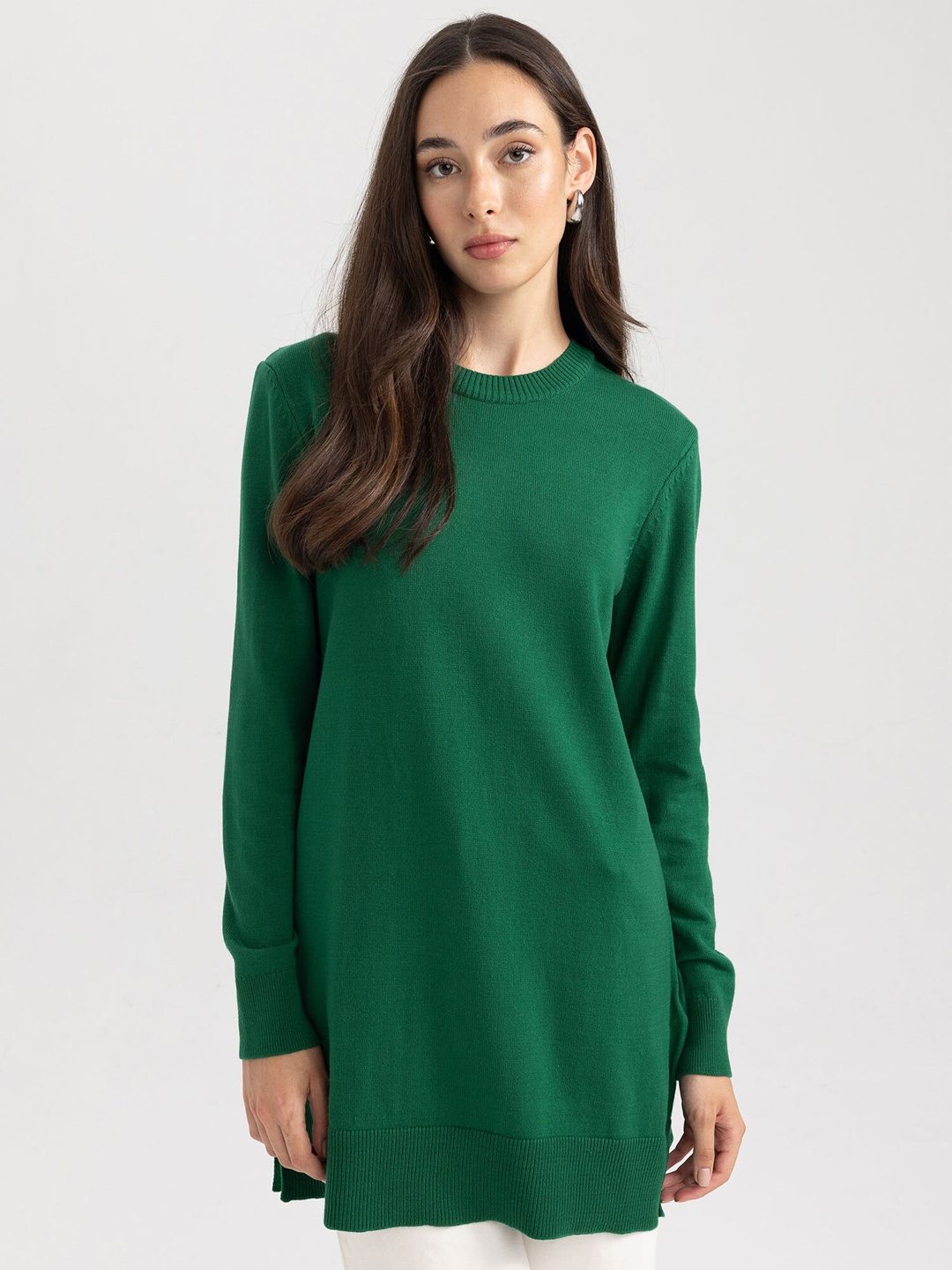 

DeFacto Round Neck Longline Acrylic Pullover, Green
