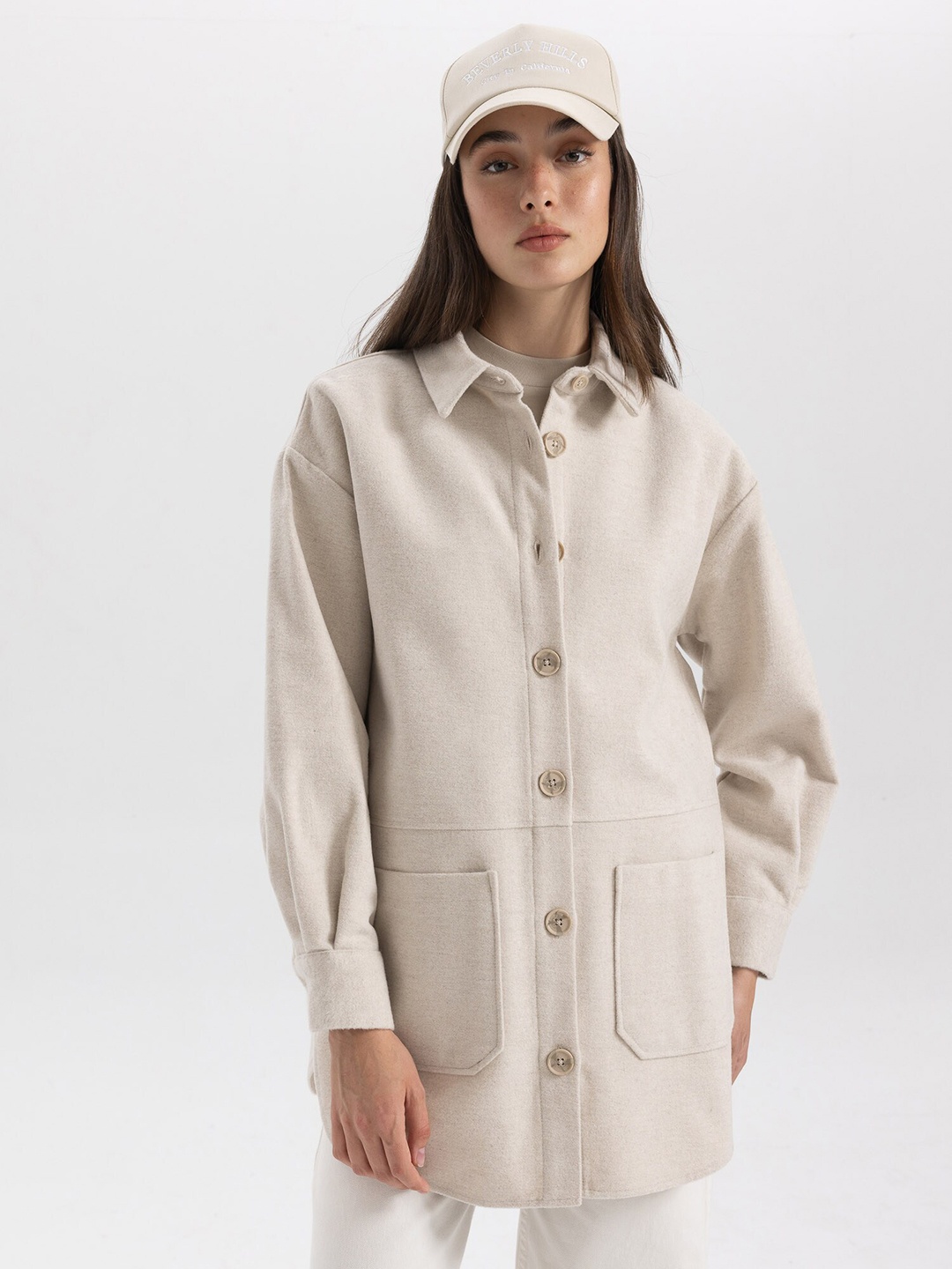 

DeFacto Spread Collar Longline Trench Coat, Beige