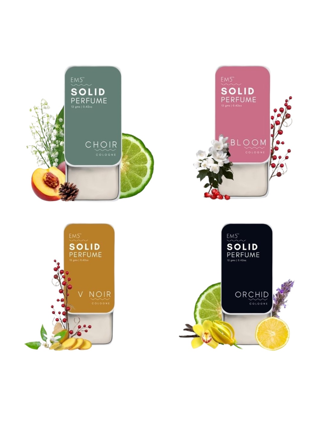 

EM5 Solid Set Of 4 Choir-Bloom-V Noir-Orchid Cologne Perfume - 12g Each, Off white