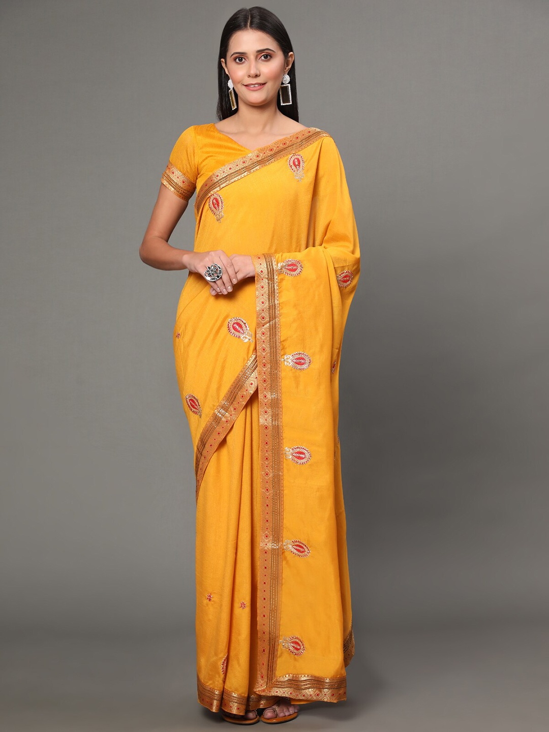 

GoStyle Ethnic Motifs Embroidered Pure Georgette Kota Saree, Yellow