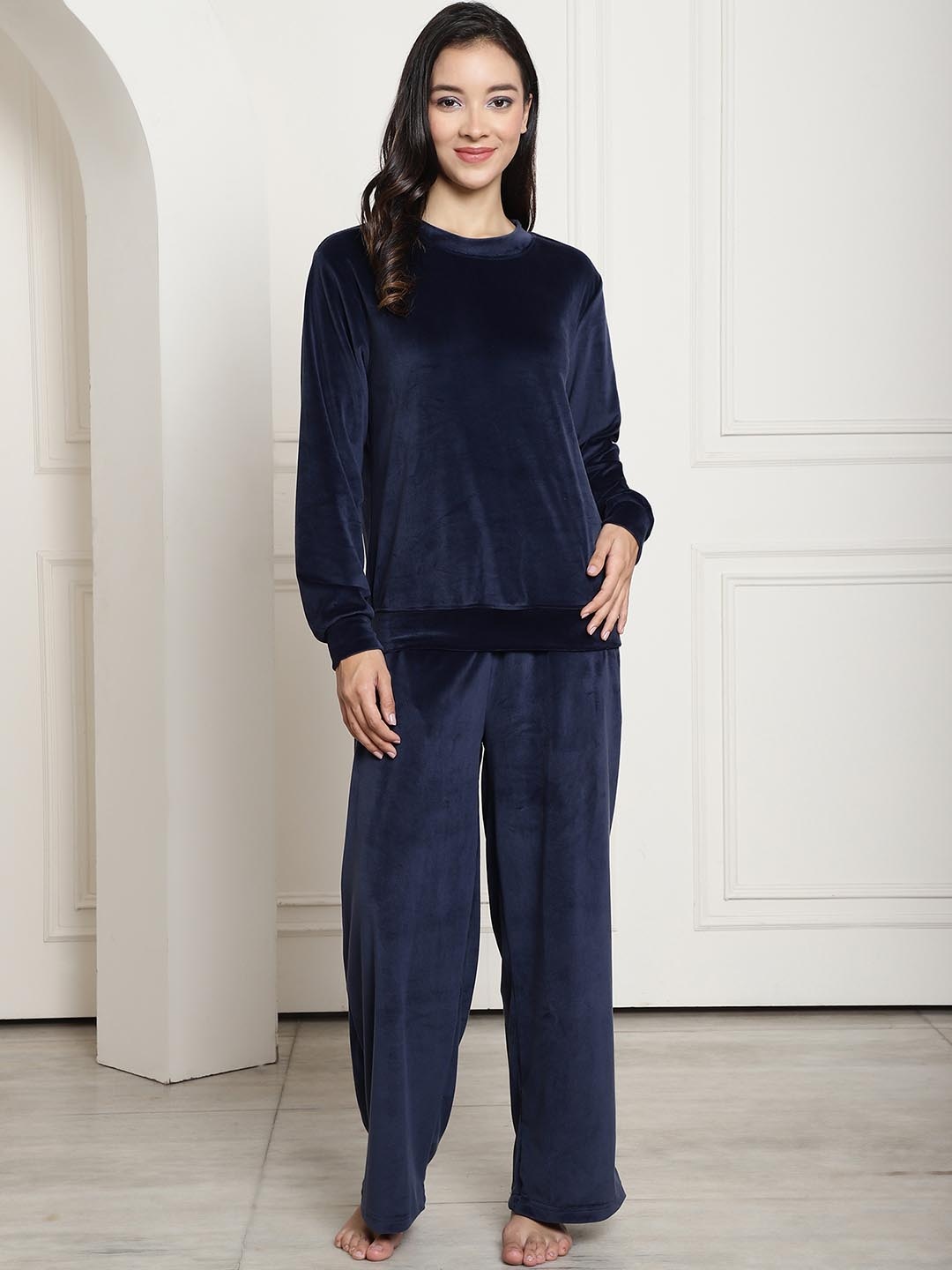 

GRACIT Round Neck Velvet T-shirt With Pyjamas, Navy blue