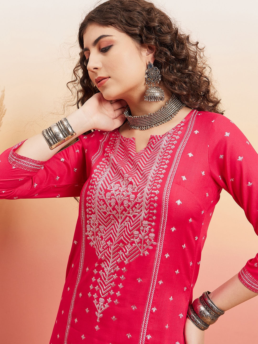 

Sangria Ethnic Motif-Printed A-Line Kurta, Fuchsia
