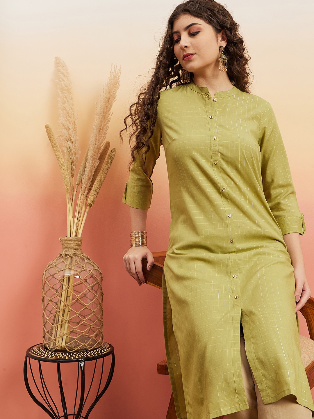 

Sangria Green Checked Pure Cotton Band Collar A-Line Kurta