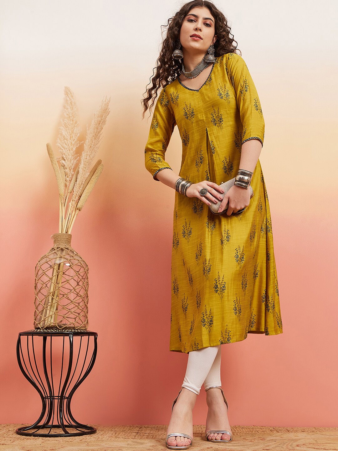 

Sangria Ethnic Motif-Printed A-Line Kurta, Mustard