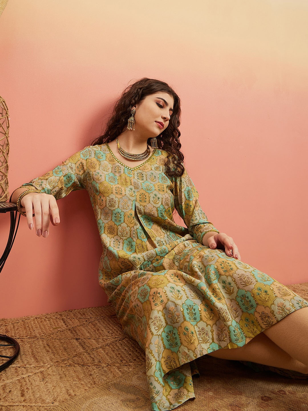 

Sangria Floral Printed With Mirror Lace Straight Kurta, Beige
