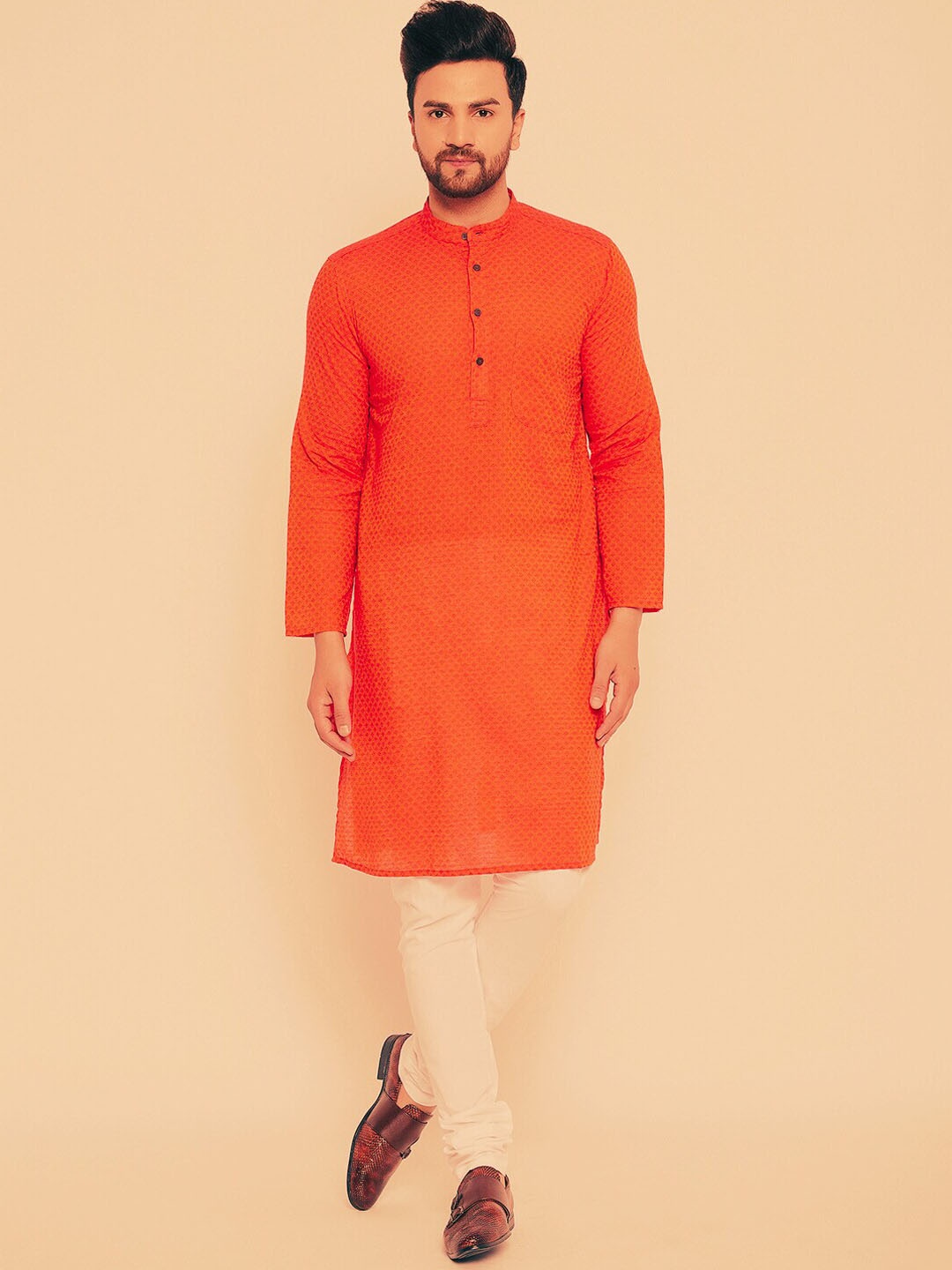 

even Geometric Woven Design Band Collar Pure Cotton Kurta, Orange