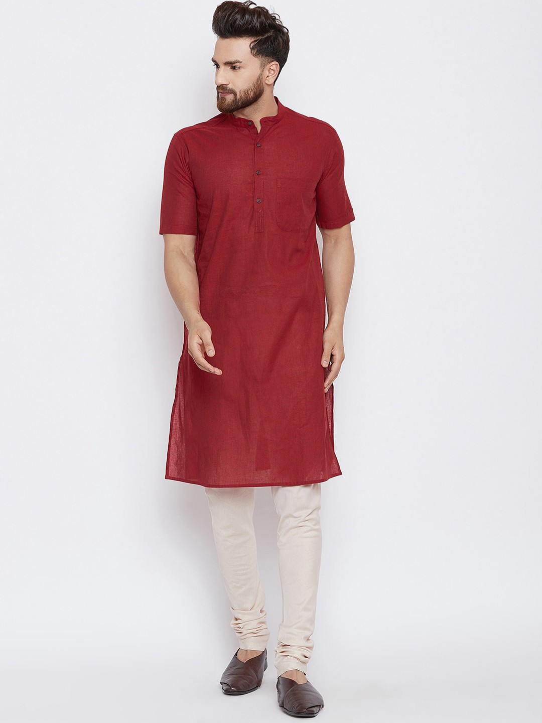 

even Band Collar Pure Cotton Straight Kurta, Maroon