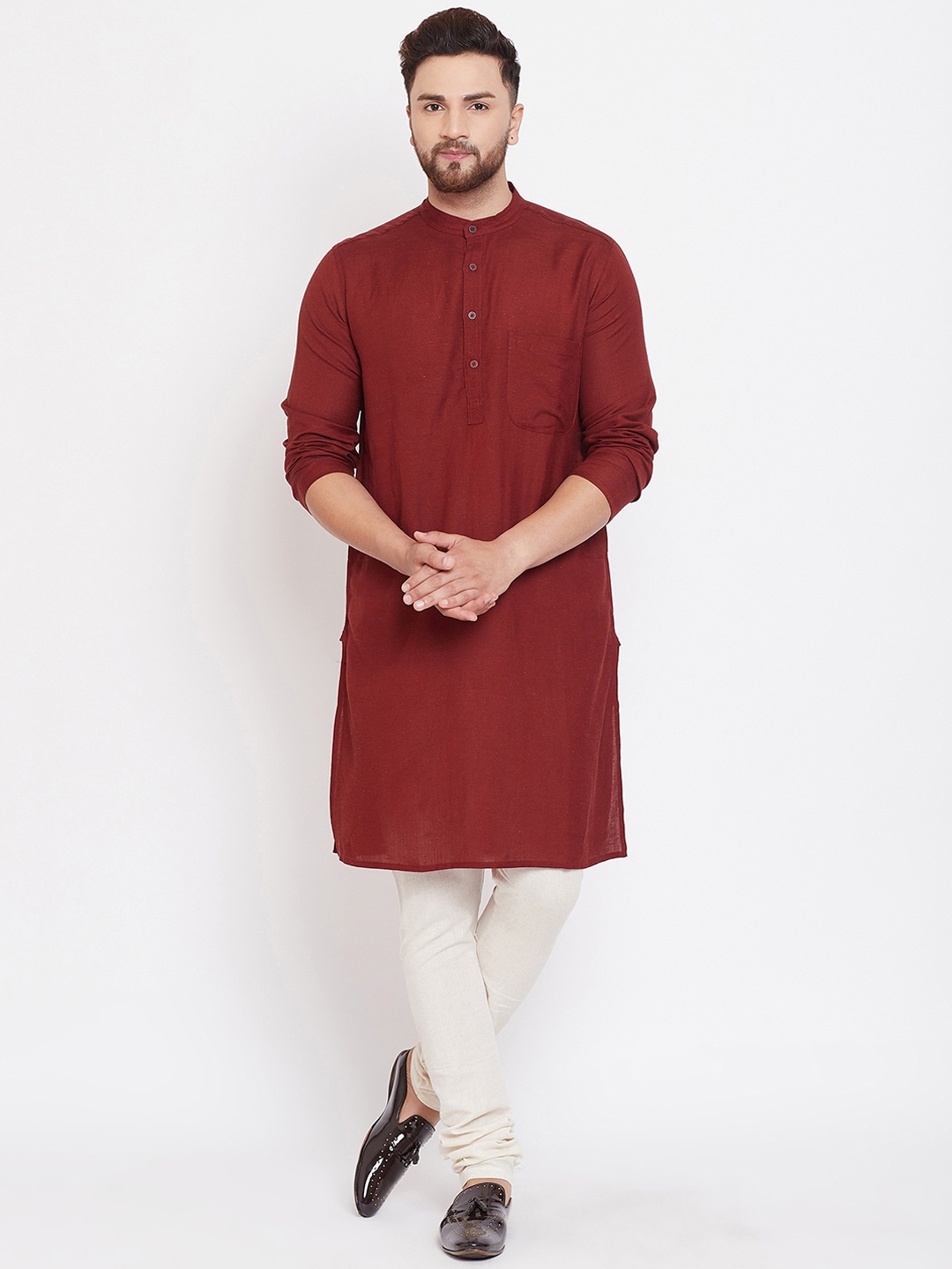 

even Band Collar Straight Pure Cotton Kurta, Maroon