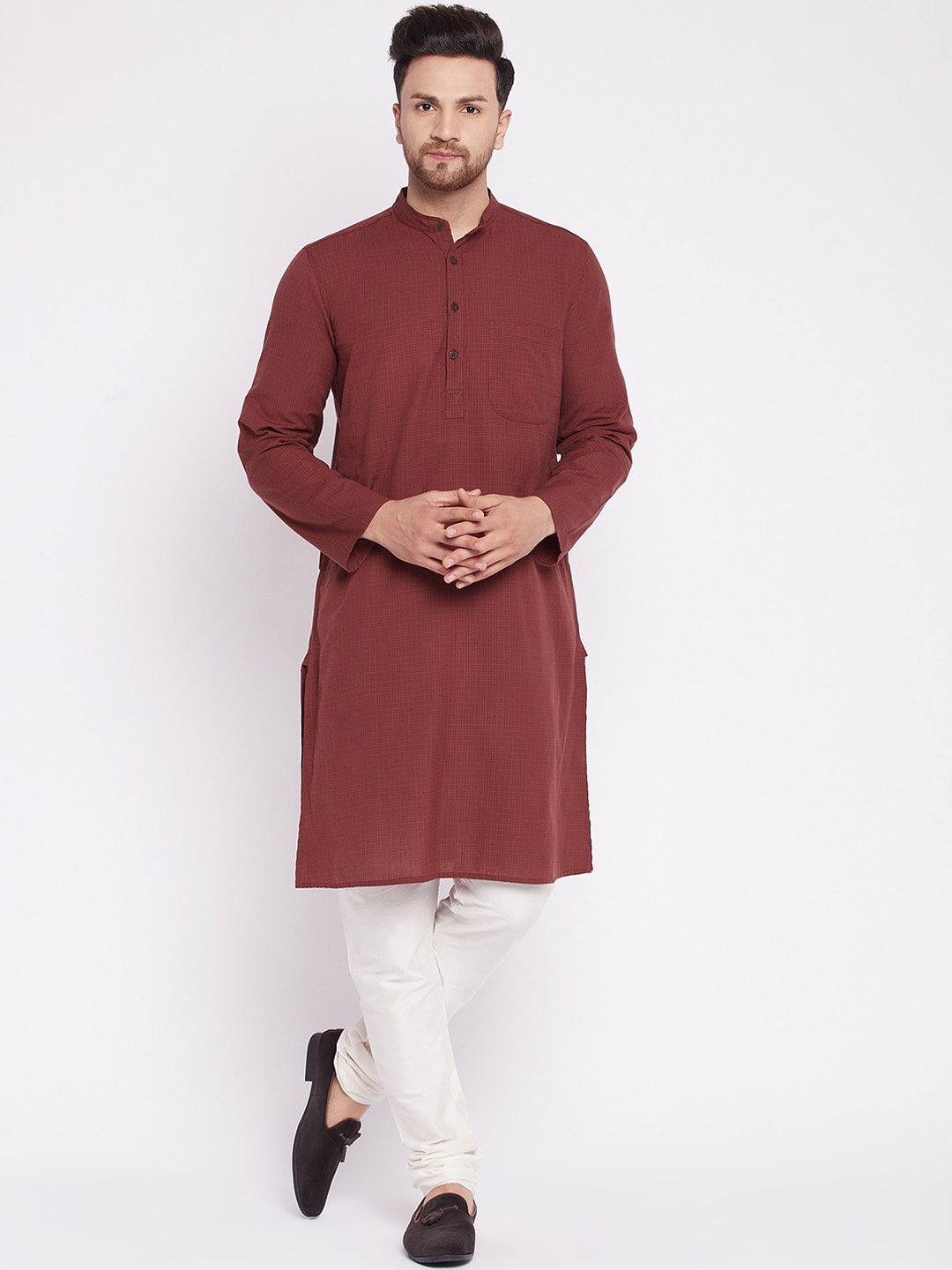 

even Checked Band Collar Pure Cotton Kurta, Maroon