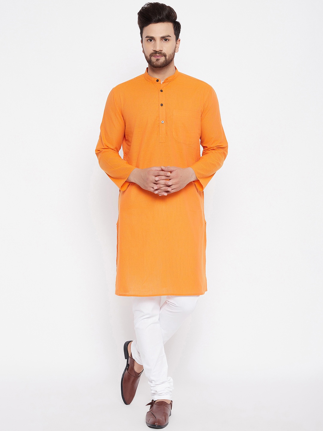 

even Band Collar Pure Cotton Kurta, Orange