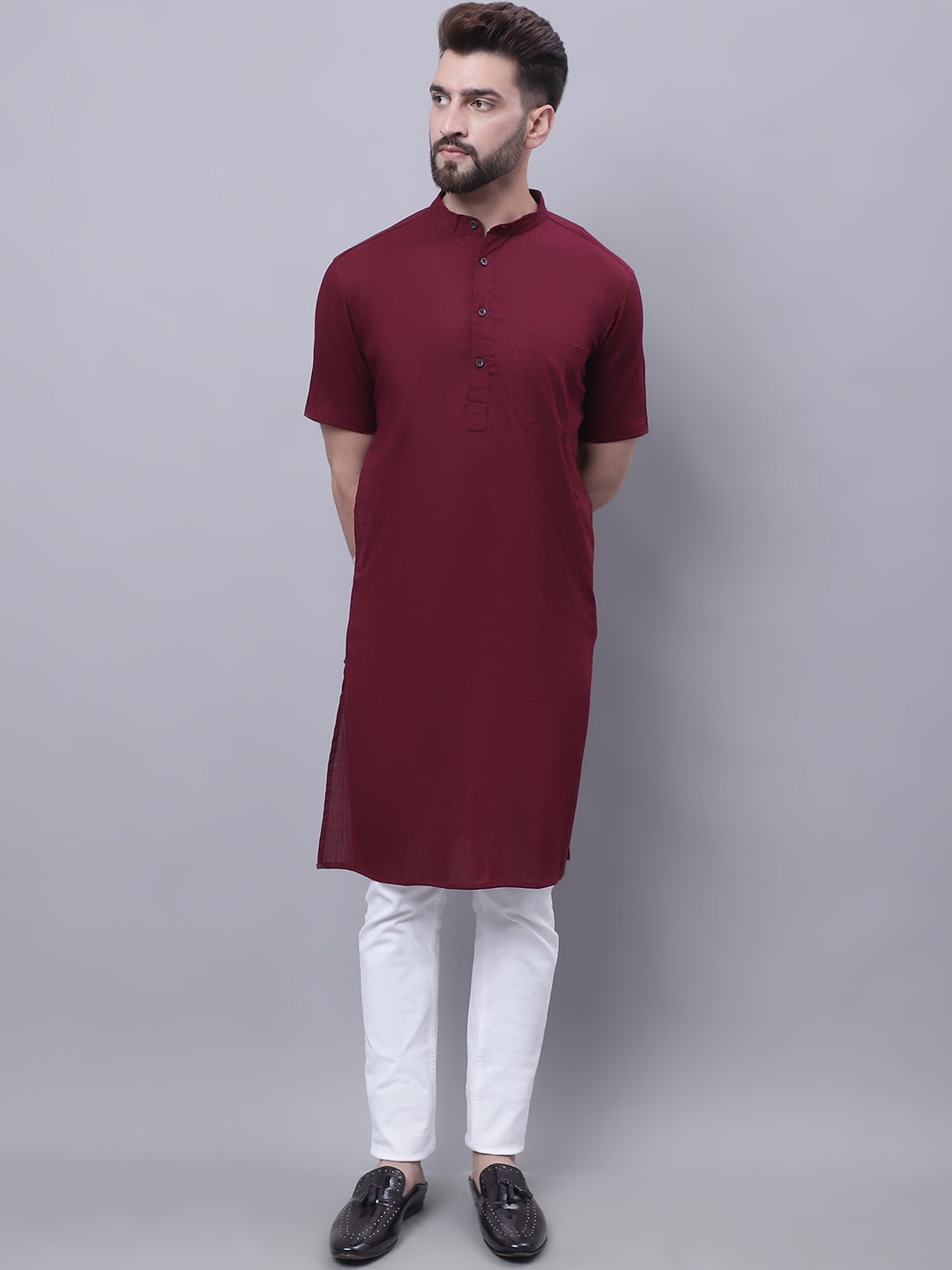 

even Band Collar Pure Cotton Kurta, Maroon