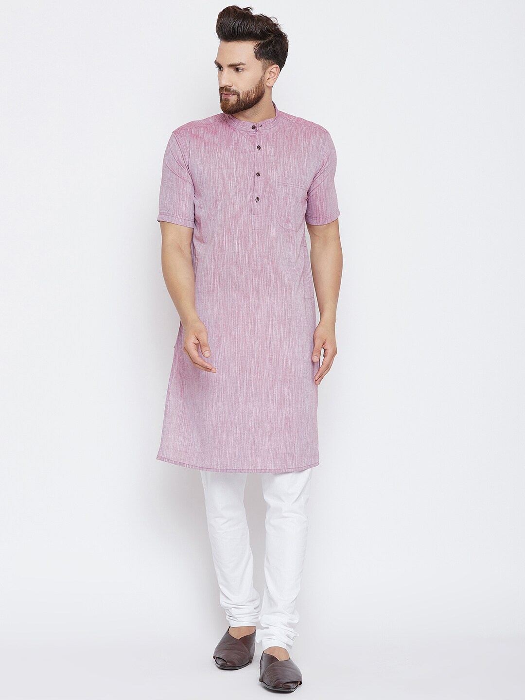 

even Band Collar Pure Cotton Straight Kurta, Pink