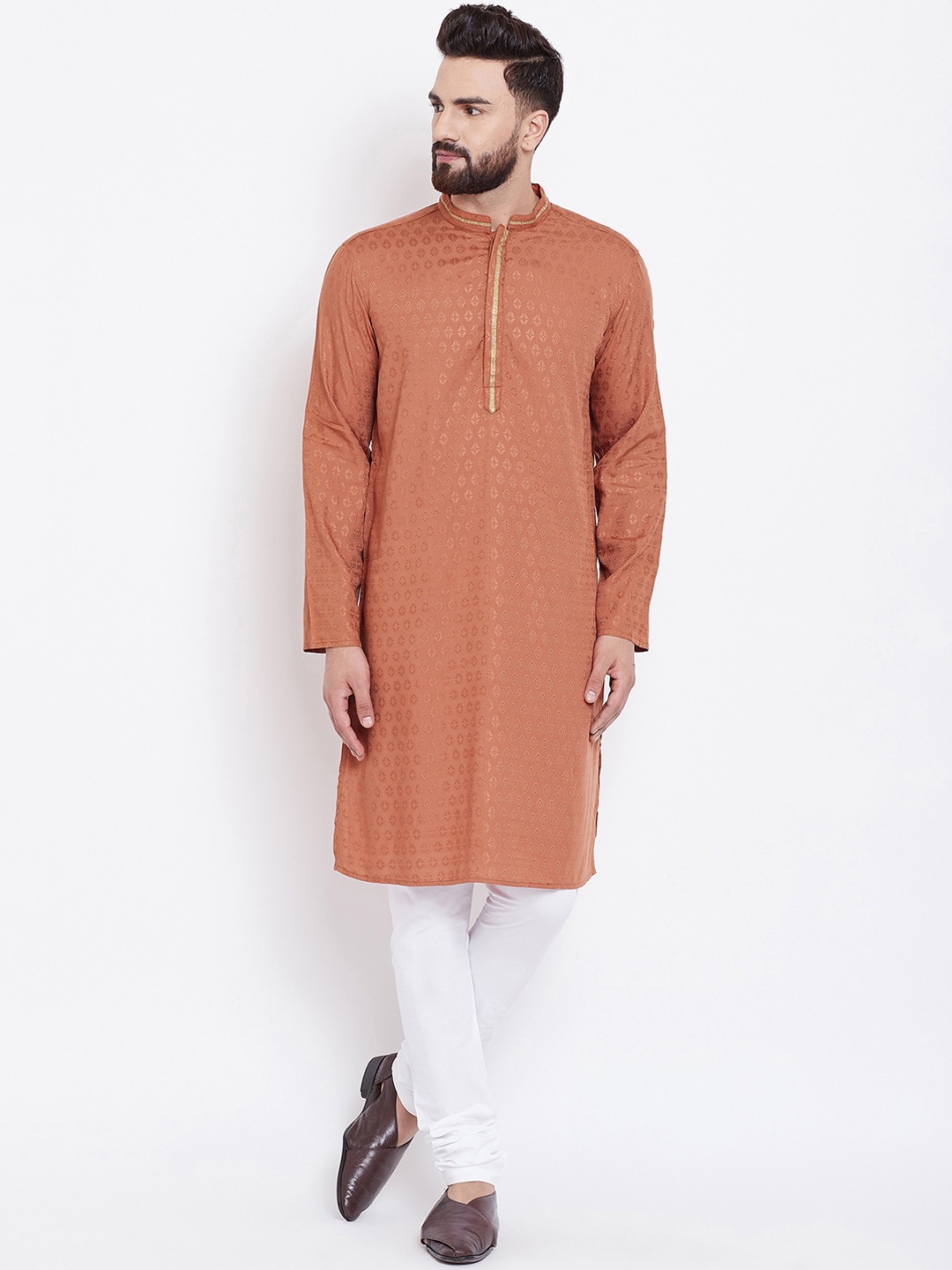 

even Ethnic Woven Design Band Collar Straight Pure Cotton Kurta, Rust