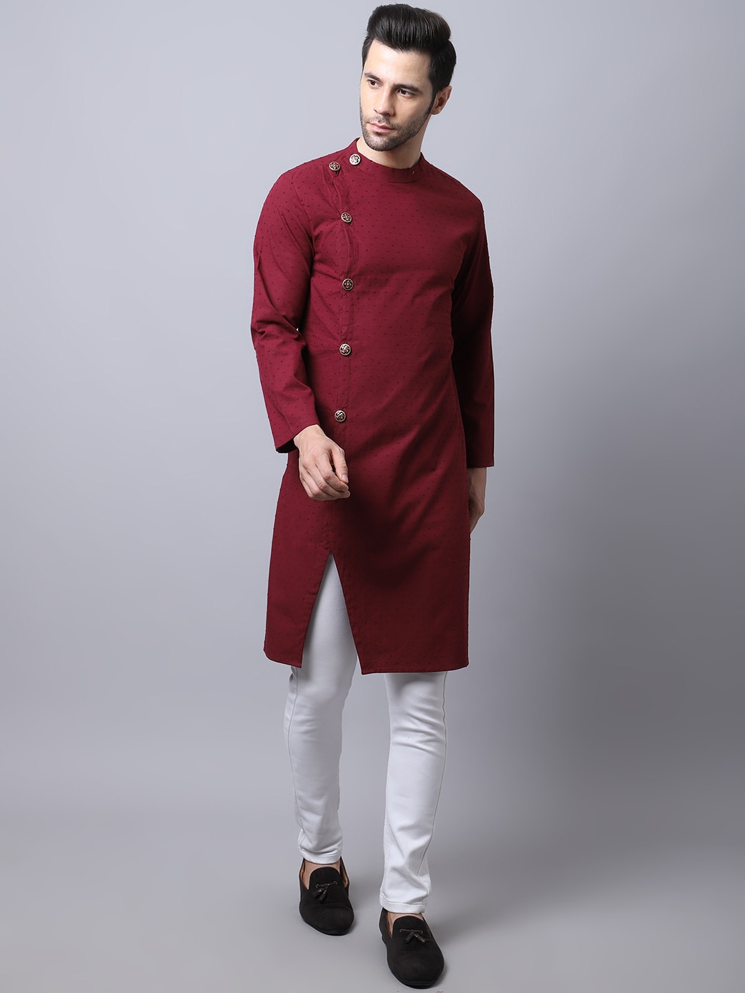 

even Woven Design Band Collar Pure Cotton Angrakha Kurta, Maroon