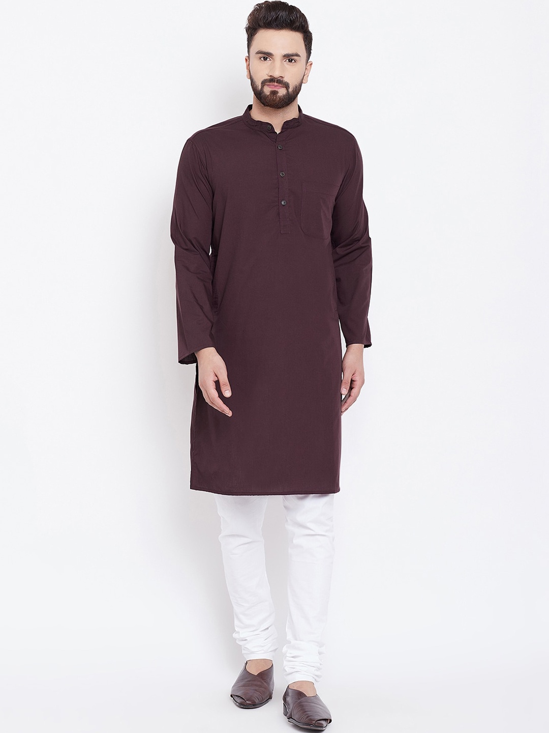 

even Band Collar Pure Cotton Straight Kurta, Maroon