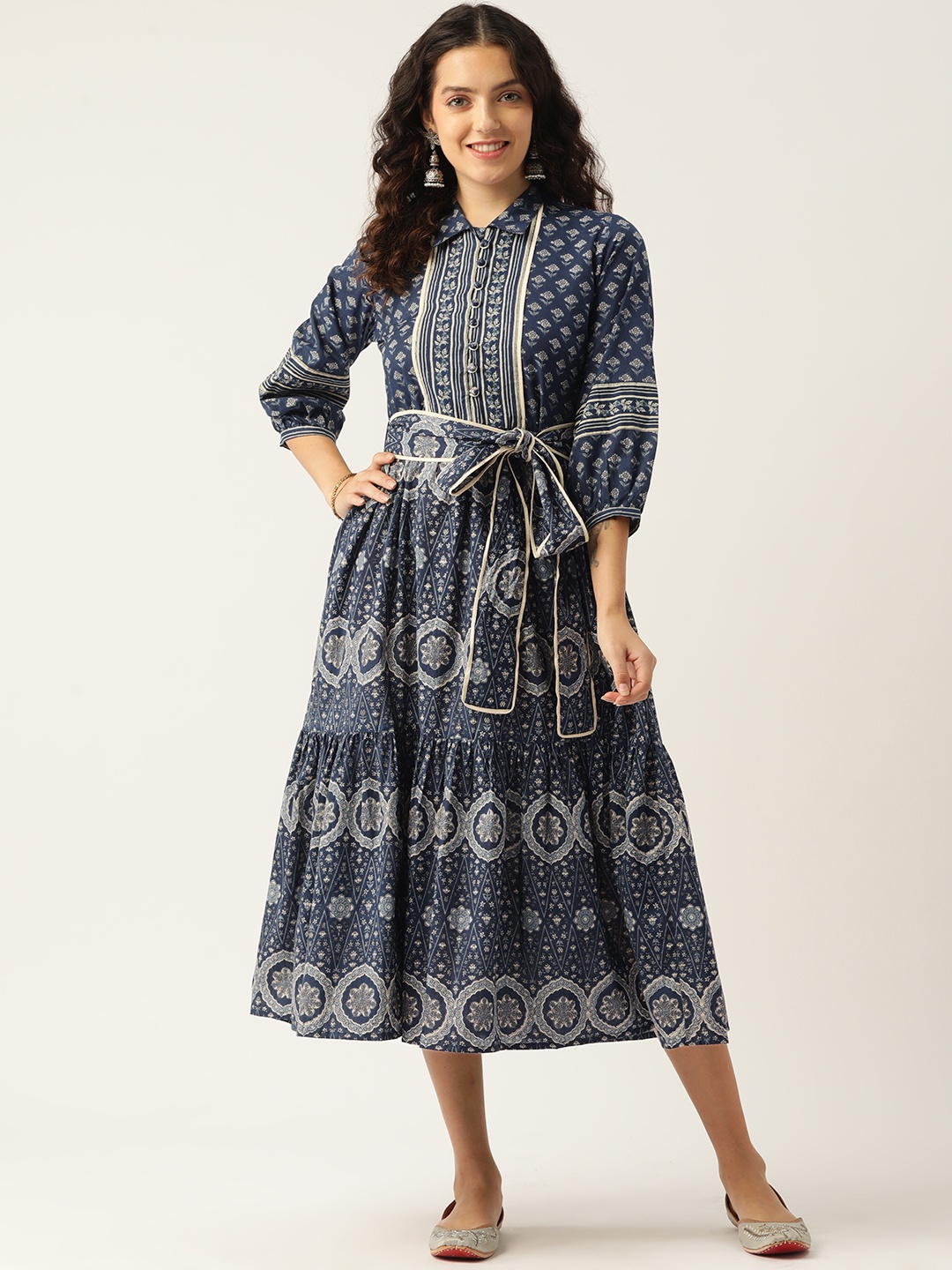 

Jaipur Morni Ethnic Motifs Printed Fit & Flare Midi Dress, Navy blue