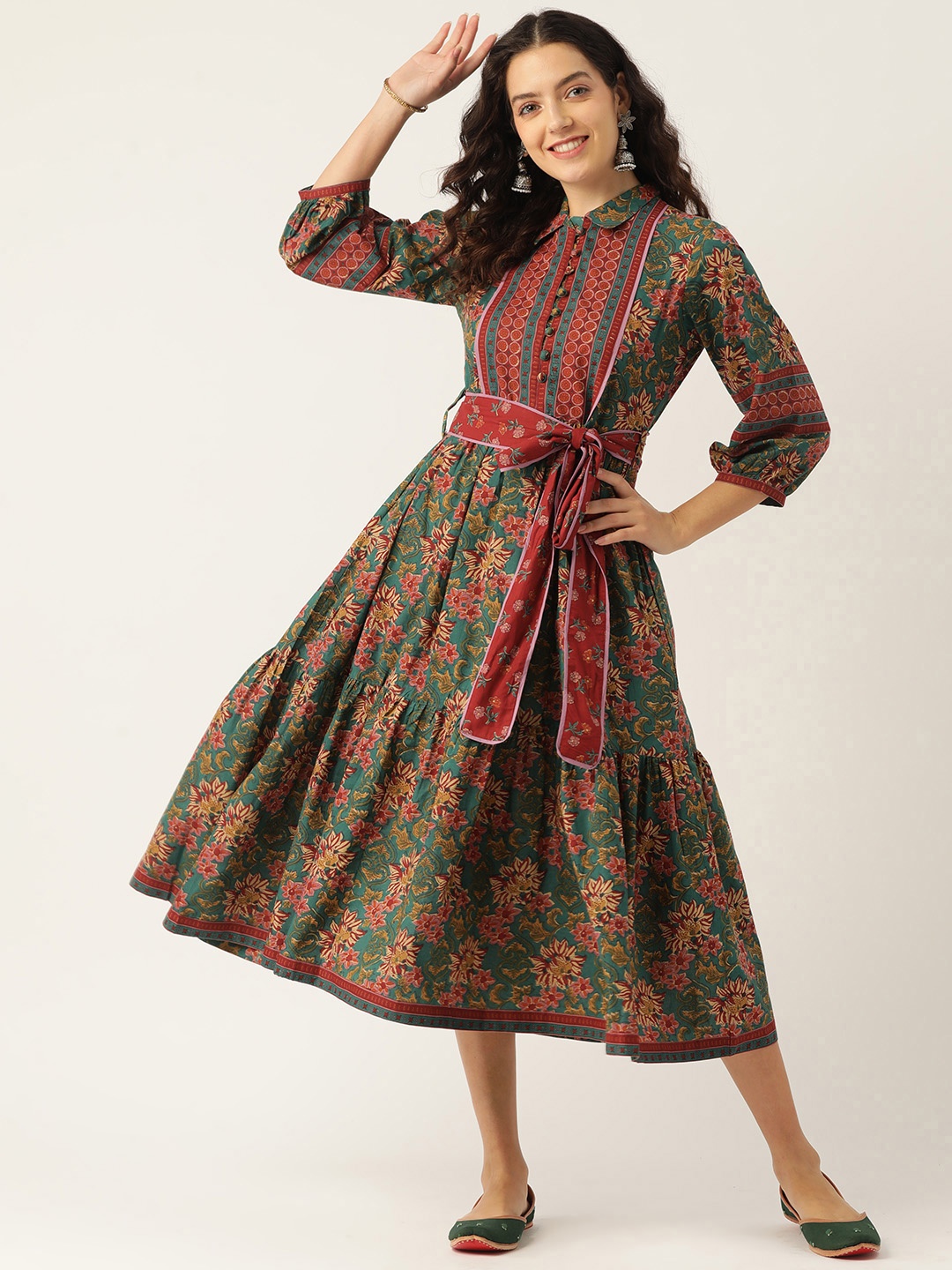 

Jaipur Morni Ethnic Motifs Printed Fit & Flare Midi Dress, Green