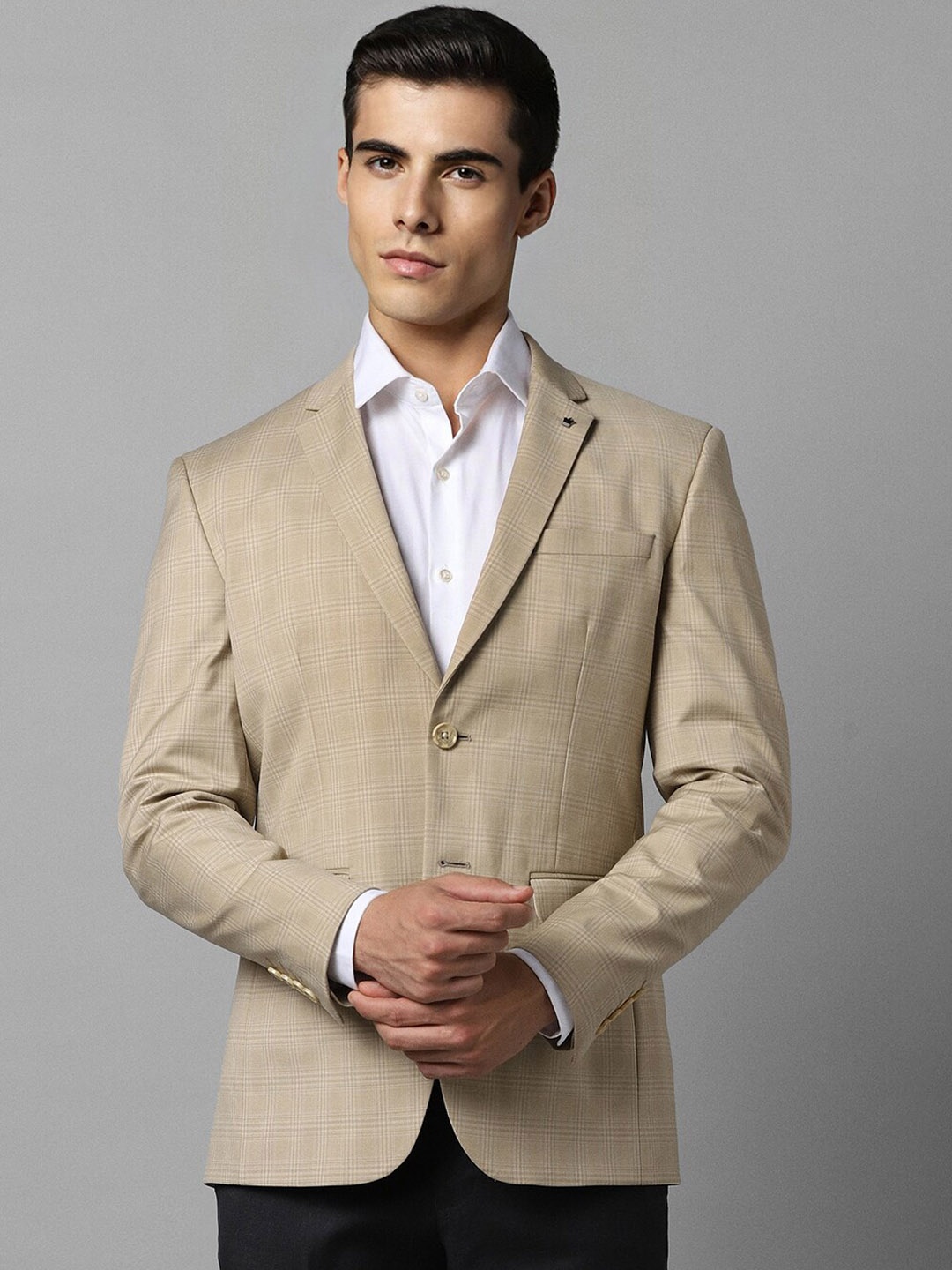 

Louis Philippe Men Checked Notched Lapel Collar Single-Breasted Slim-Fit Formal Blazer, Khaki