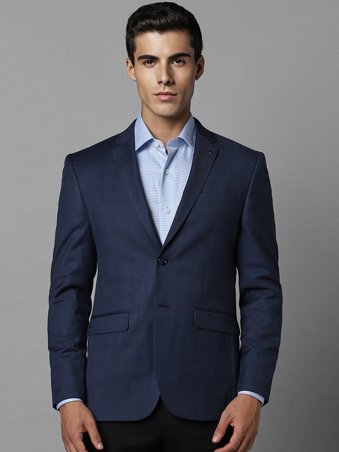 

Louis Philippe Men Checked Notched Lapel Collar Single-Breasted Slim-Fit Formal Blazer, Navy blue