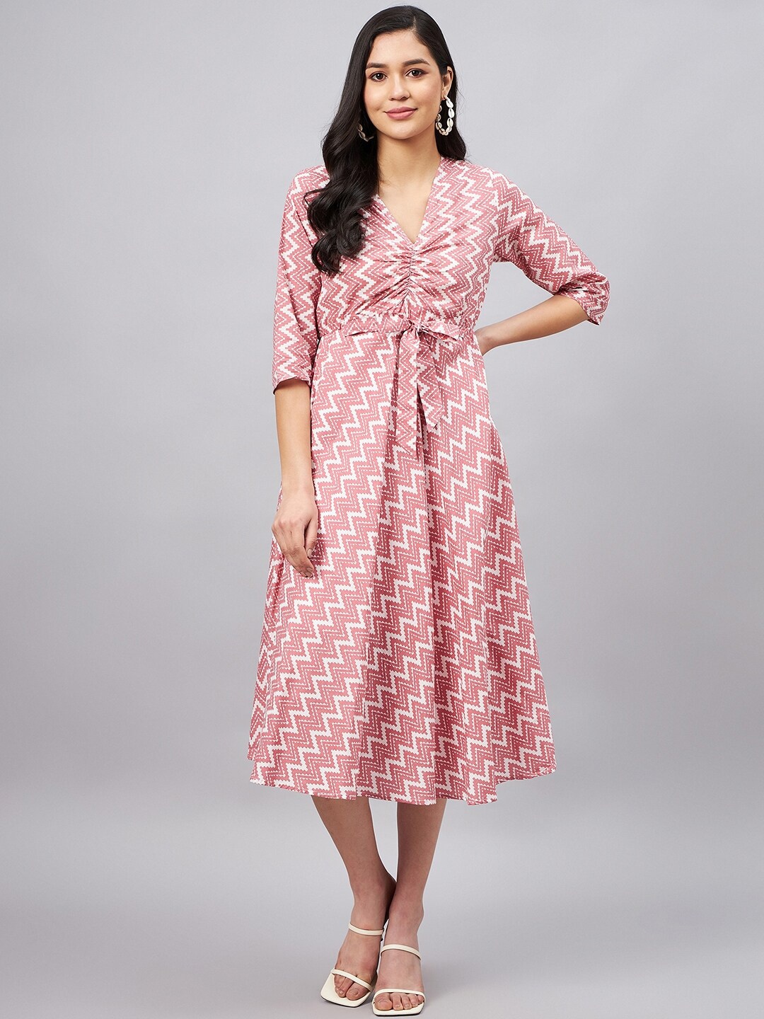 

WineRed Geometric Printed V-Neck Pure Cotton Fit and Flare Midi Dress, Pink