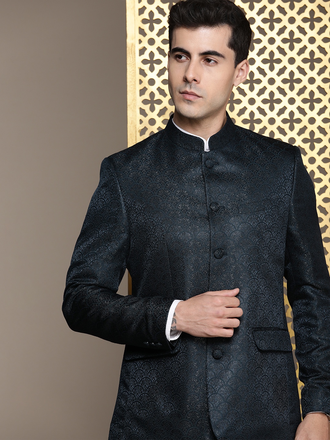 

House of Pataudi Self Design Mandarin Collar Bandhgala Jashn Blazers, Teal