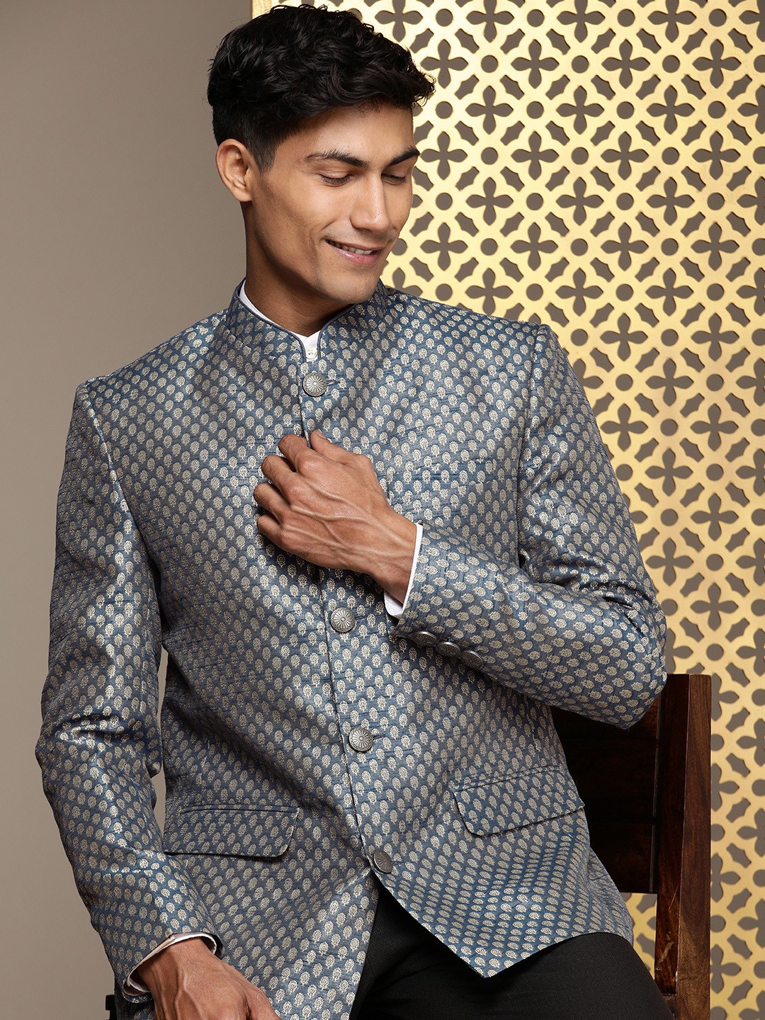 House of Pataudi Woven Design Ethnic Motifs Jashn Bandhgala Blazer, Blue