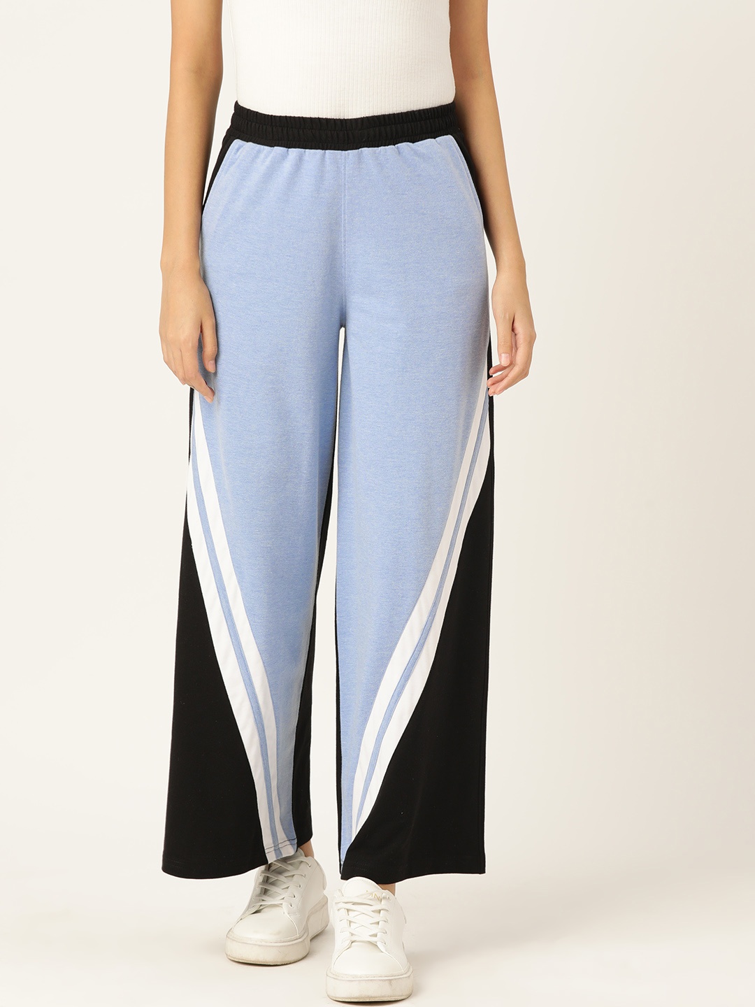 

FEMEA Women Colourblocked Wide Leg Track Pants, Black