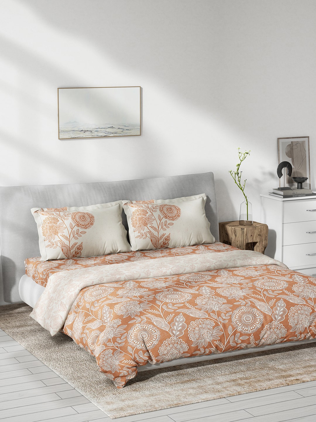 

DDecor Brown & Beige 4 Pieces Printed Cotton Double Queen Bedding Set