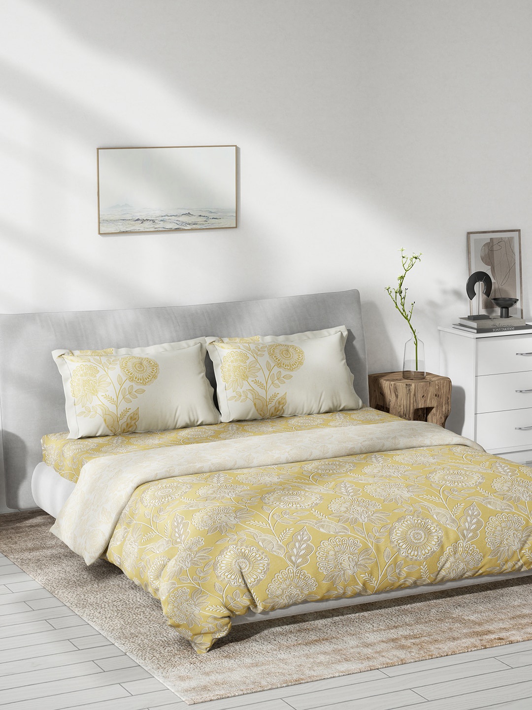 DDecor Yellow & Beige 4 Pieces Printed Cotton Double Queen Bedding Set