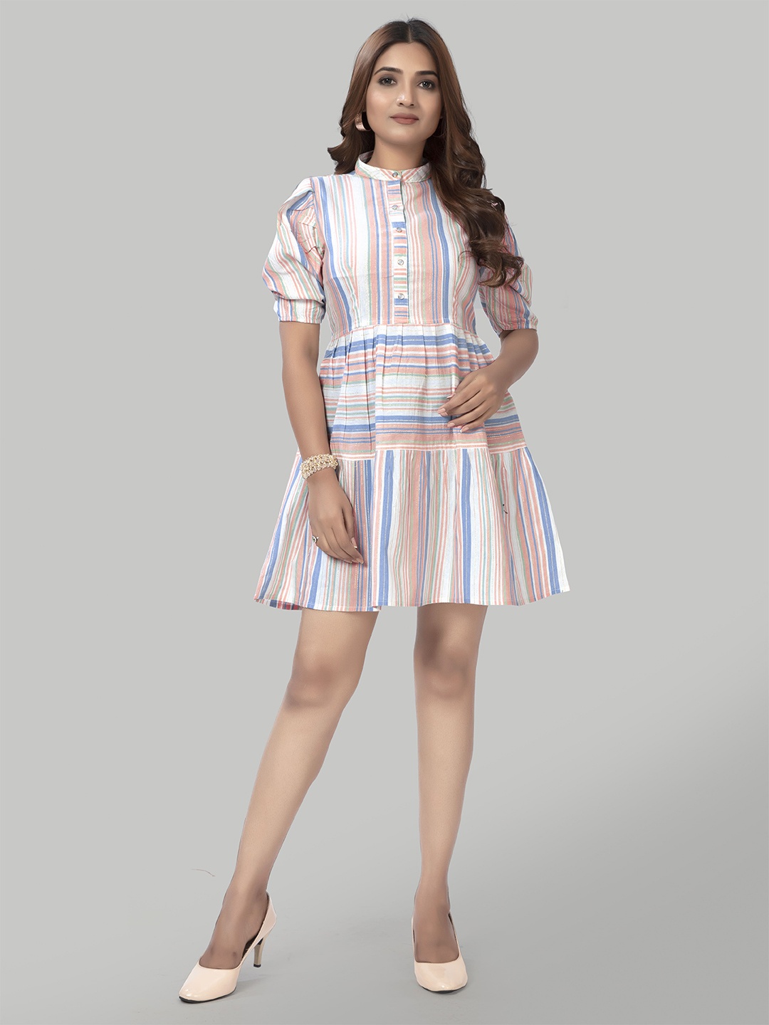 

ZELZIS Striped Cotton A Line Dress, White