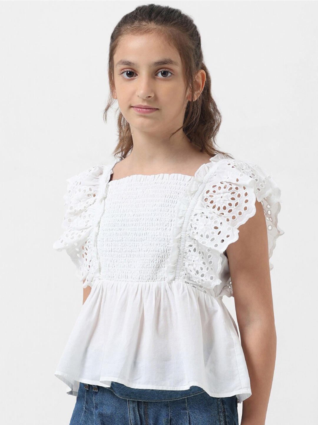 

Vero Moda Girls Self Design Flutter Sleeves Square Neck Smocked Pure Cotton Peplum Top, White