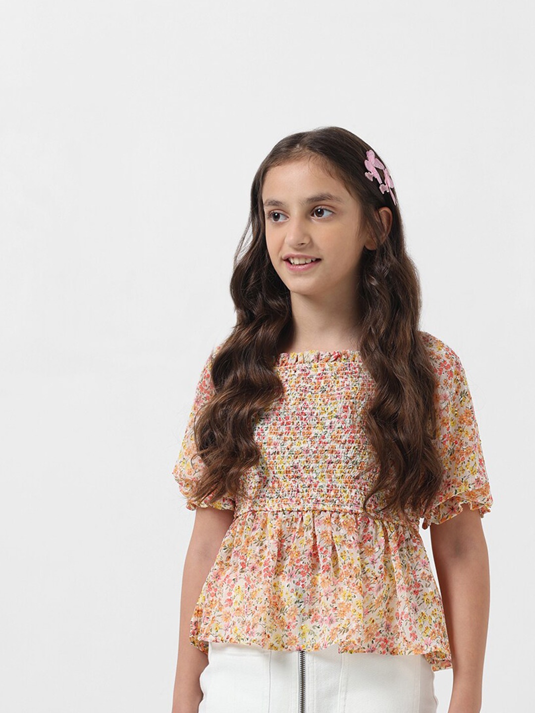 

Vero Moda Girls Floral Printed Square Neck Puffed Sleeves Smocking Peplum Top, Pink