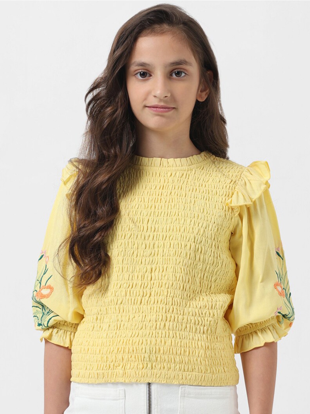 

Vero Moda Floral Embroidered Smocked Pure Cotton Top, Yellow
