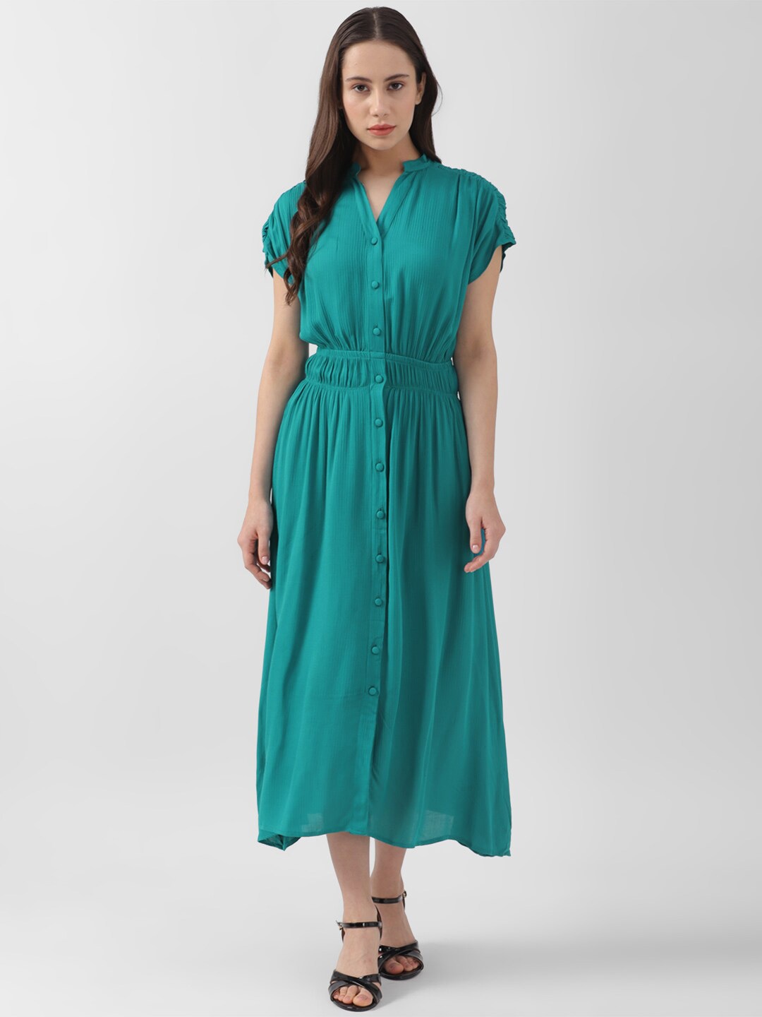 

Van Heusen Woman Mandarin Collar Smocked Shirt Style Midi Dress, Green