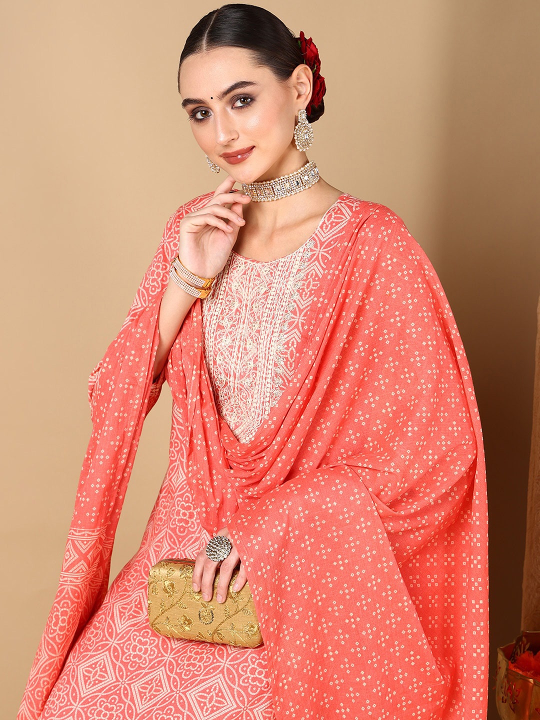 

AHIKA Peach-Coloured Bandhani Printed Thread Work Pure Cotton Straight Kurta Set