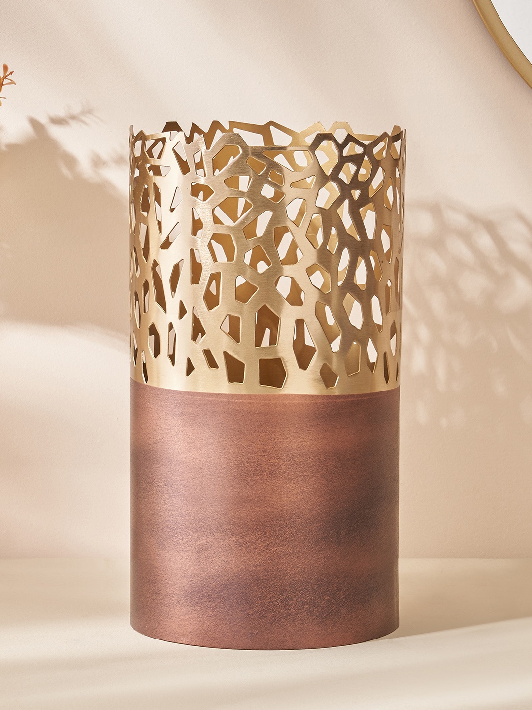 

Home Centre Mystique Forato Gold Toned Textured Metal Hurricane Candle Holder