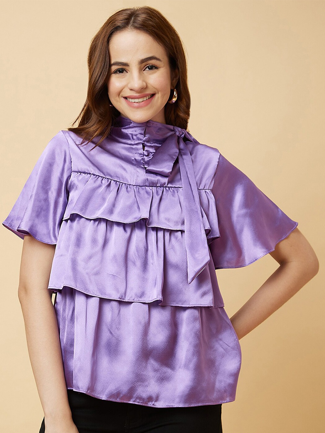 

Globus Flared Sleeves Layered Satin Top, Purple